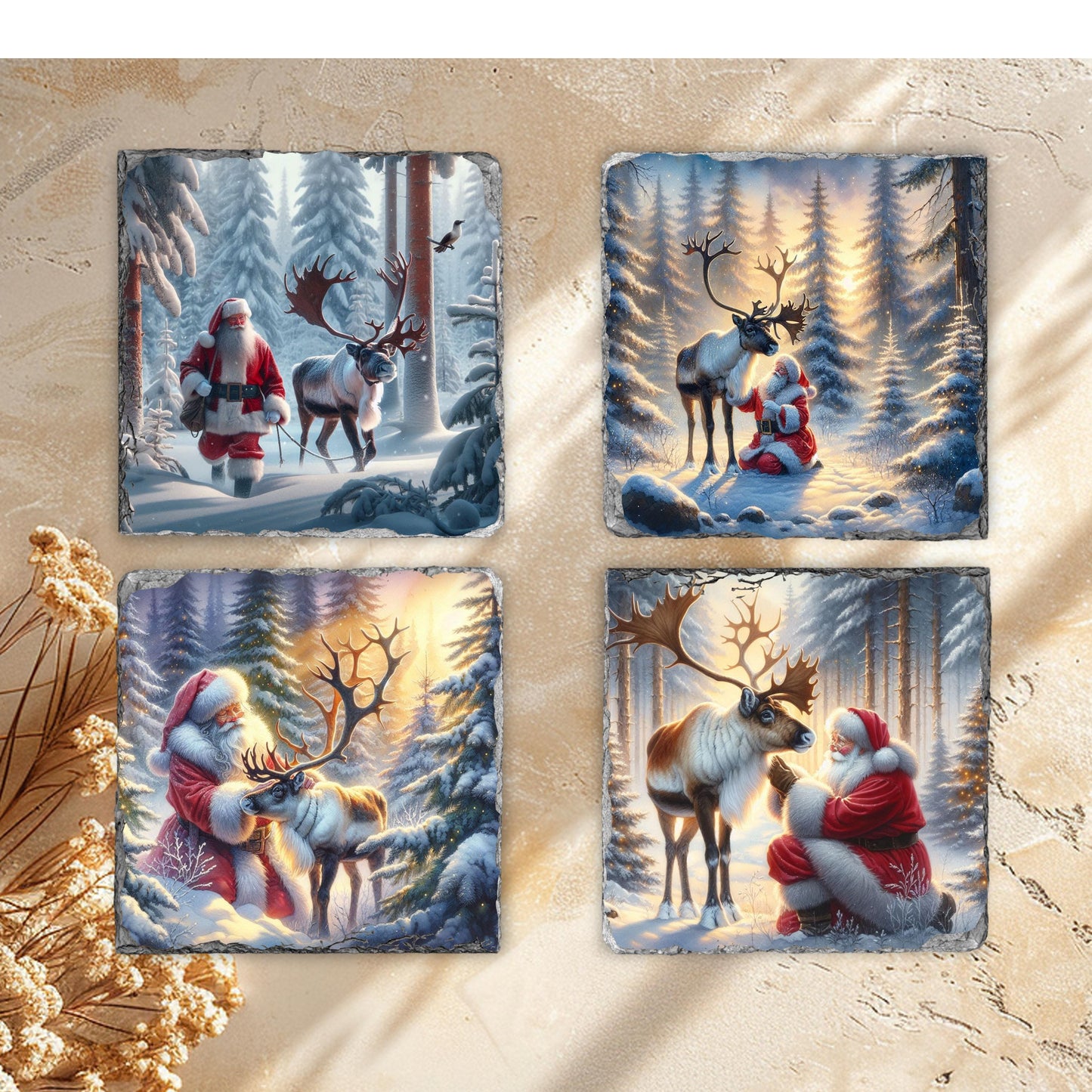 Fractured Edge Slate Coaster Set with Santa Reindeer Winter Scene 4 Sublimation Images Black Rack Perfect Holiday Gift