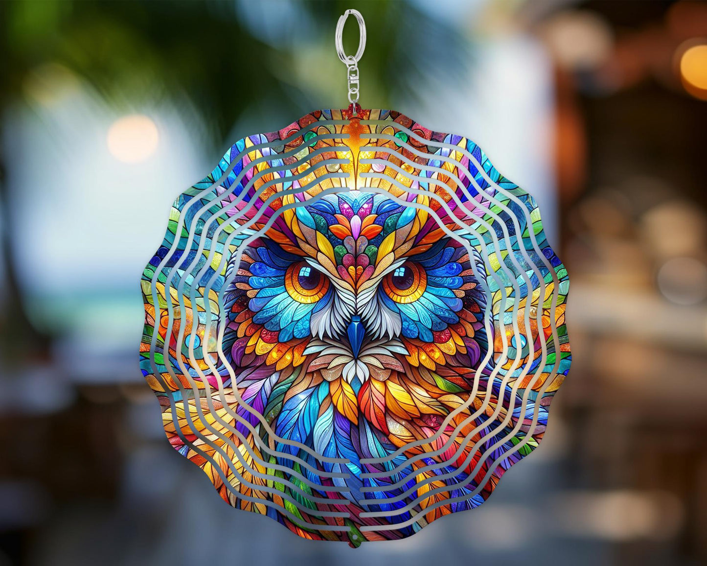 Vibrant Owl Head Wind Spinner with UV Protection, Nature Inspired Housewarming Gift, Bird Watcher Gift, Hanging Wind Sculpture, Owl Lovers