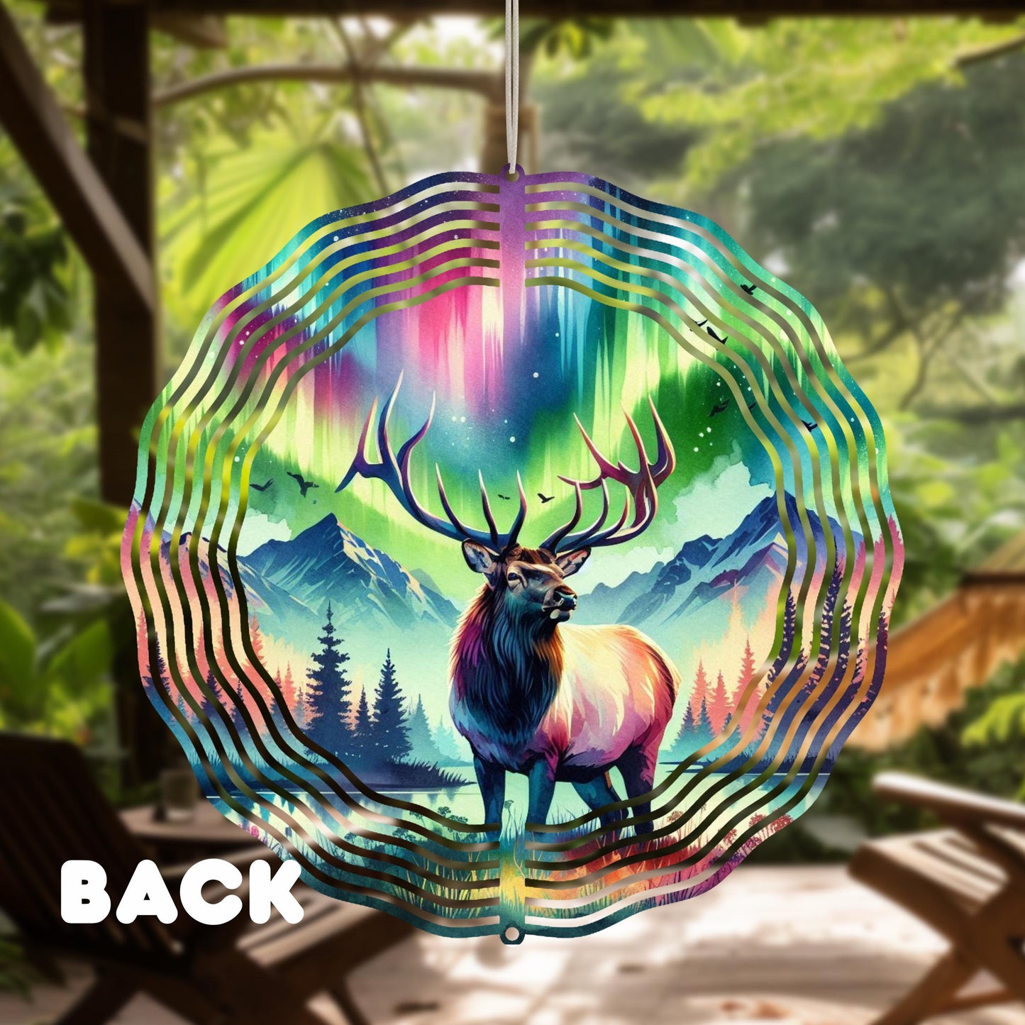 Elk Wind Spinner - 10x10 Double-Sided Outdoor Art with Watercolor Northern Lights Design