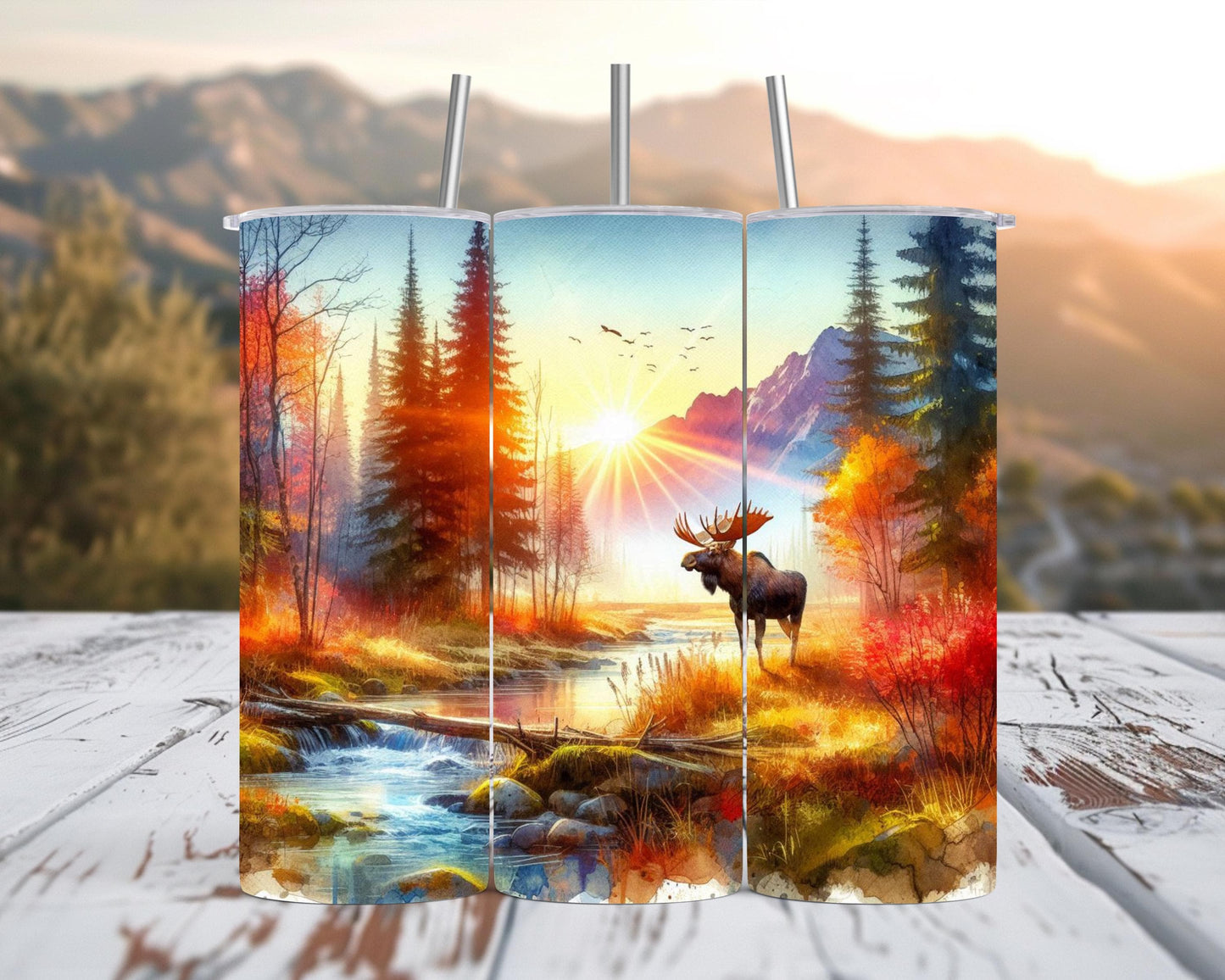 Moose Tumbler - Rustic Autumn Travel Cup with Mountain Sunset Scene for Nature Lovers