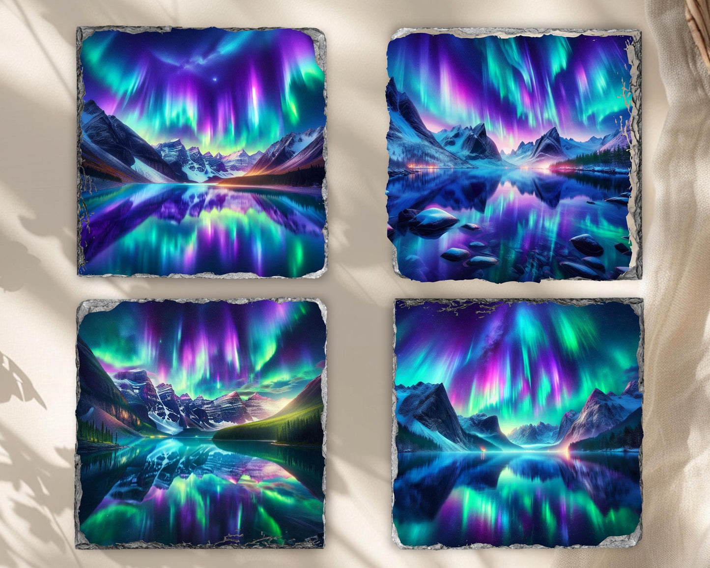 Northern Lights Slate Coaster Set with Rack - Rustic Mountain Lake Design Perfect for Holiday Gifting