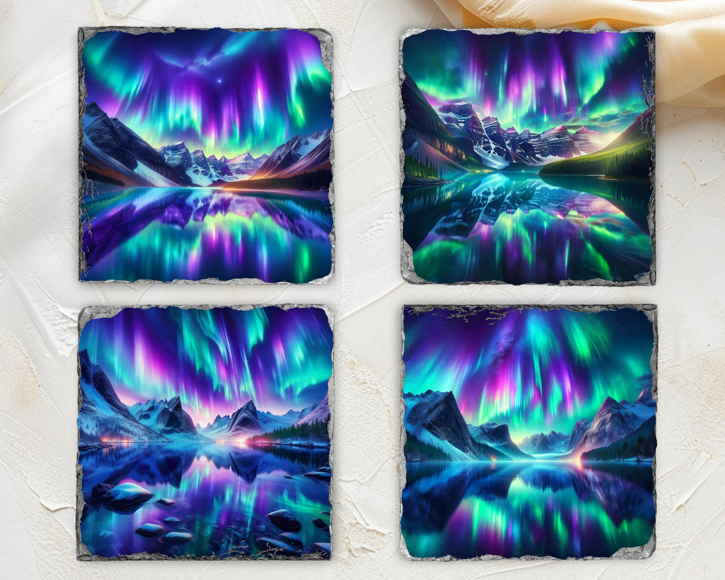 Northern Lights Slate Coaster Set with Rack - Rustic Mountain Lake Design Perfect for Holiday Gifting