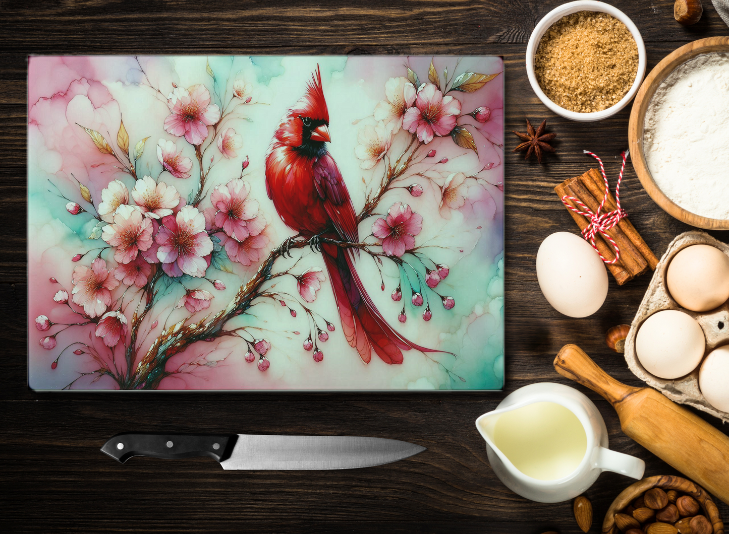Cherry Blossom Cardinal Glass Cutting Board, Unique Gifts For Mother's Day