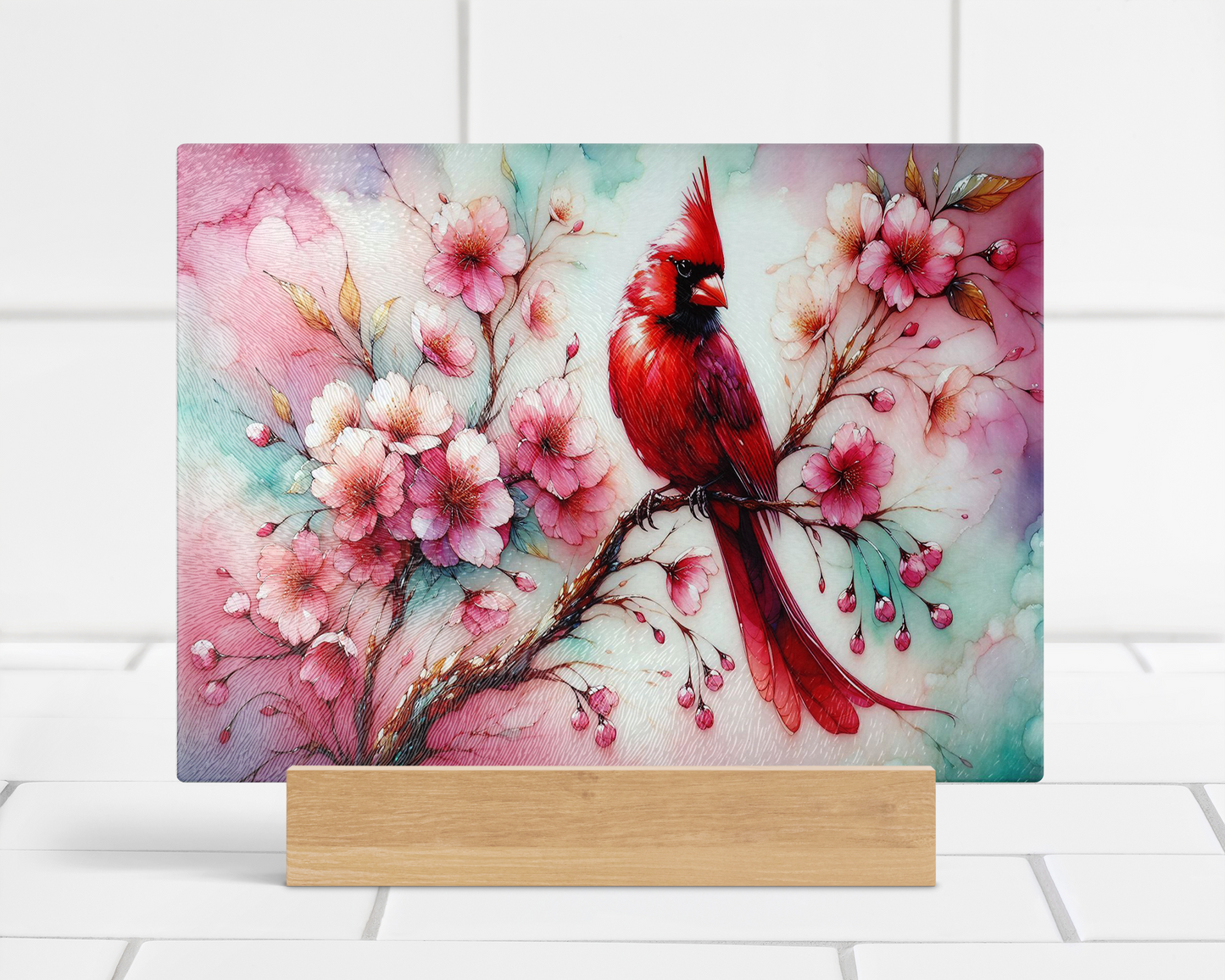 Cherry Blossom Cardinal Glass Cutting Board, Unique Gifts For Mother's Day