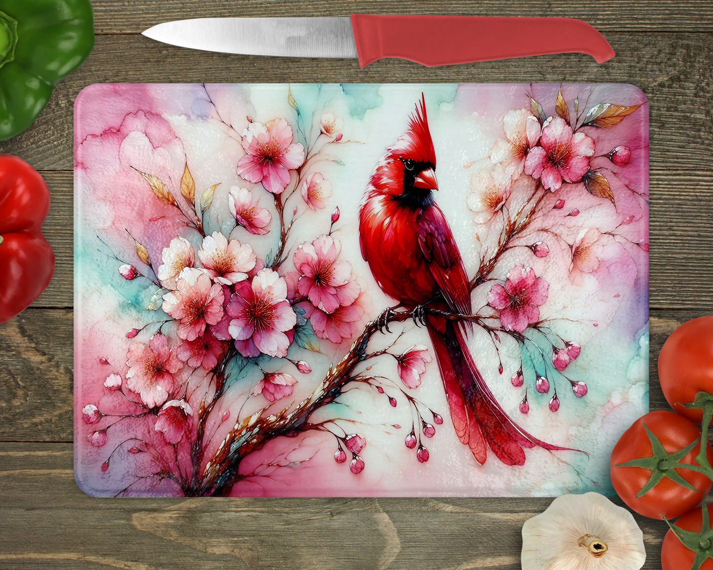 Cherry Blossom Cardinal Glass Cutting Board, Unique Gifts For Mother's Day