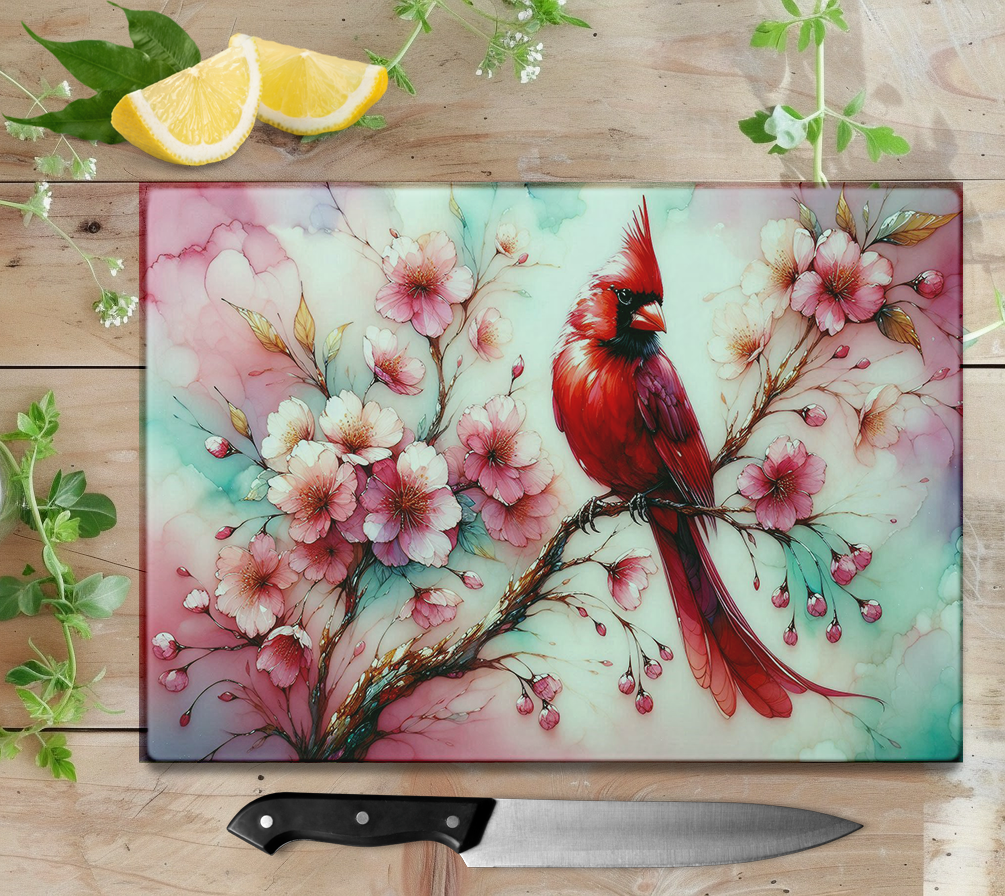 Cherry Blossom Cardinal Glass Cutting Board, Unique Gifts For Mother's Day