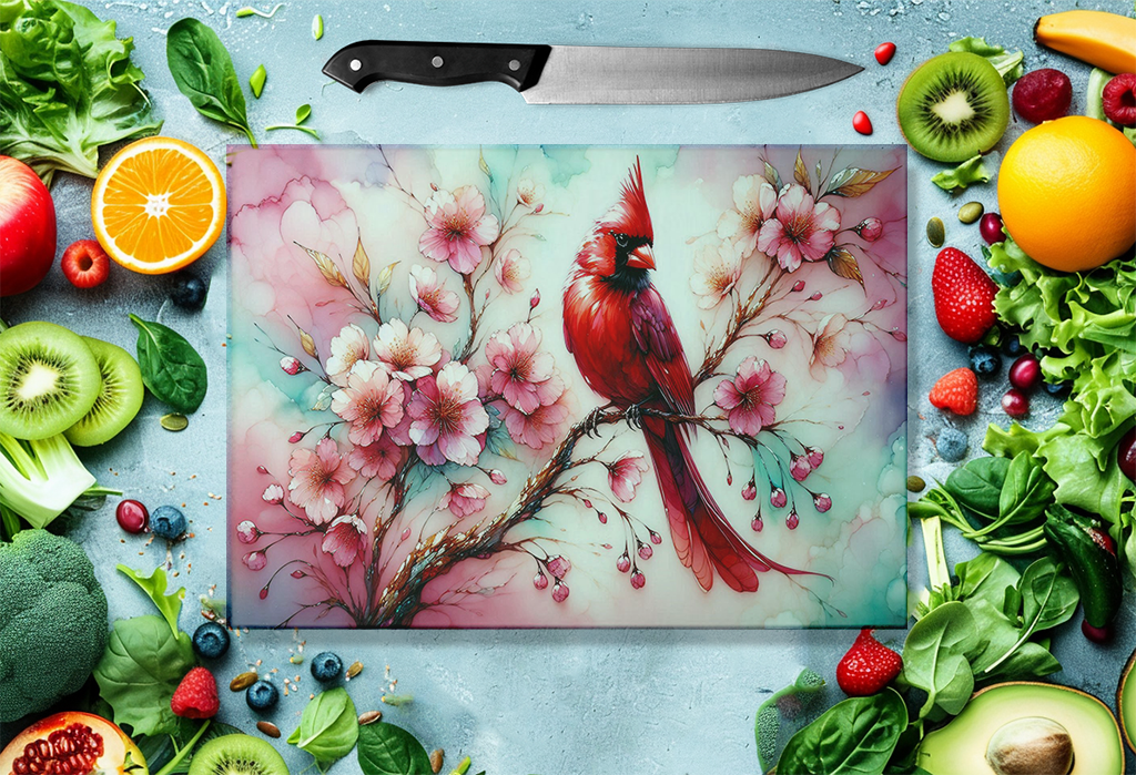 Cherry Blossom Cardinal Glass Cutting Board, Unique Gifts For Mother's Day