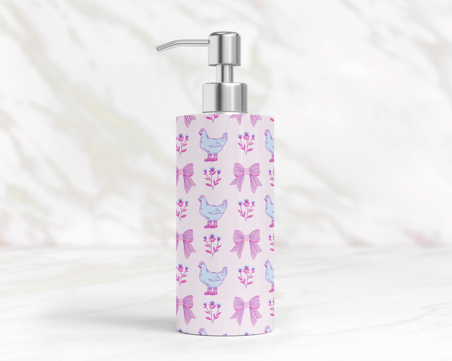 Pink Chicken Decor Bathroom Dispenser with Floral Accents, Farmhouse Chickens Lotion Pump with Bows & Floral Design, Unique Gift for Her
