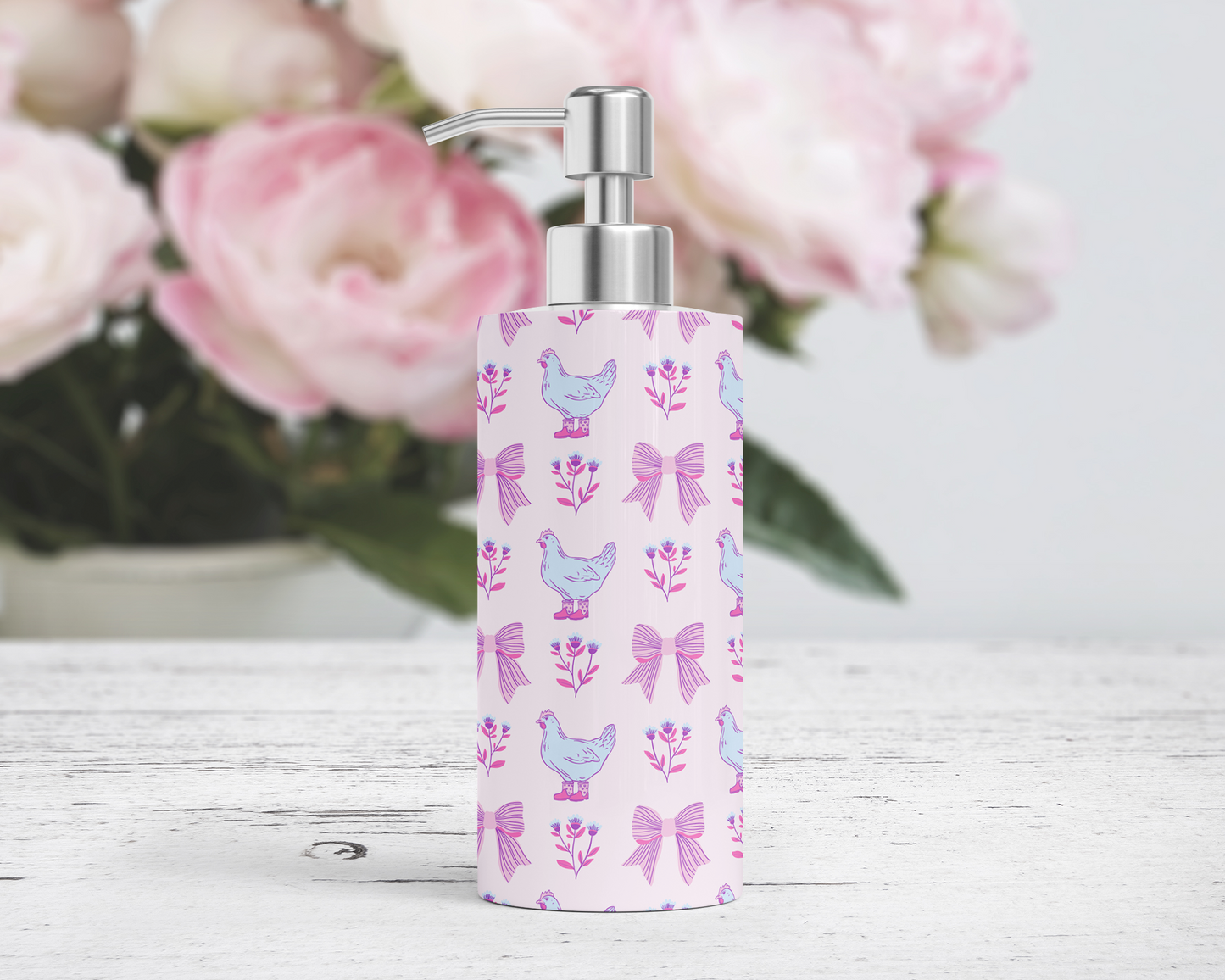Pink Chicken Decor Bathroom Dispenser with Floral Accents, Farmhouse Chickens Lotion Pump with Bows & Floral Design, Unique Gift for Her
