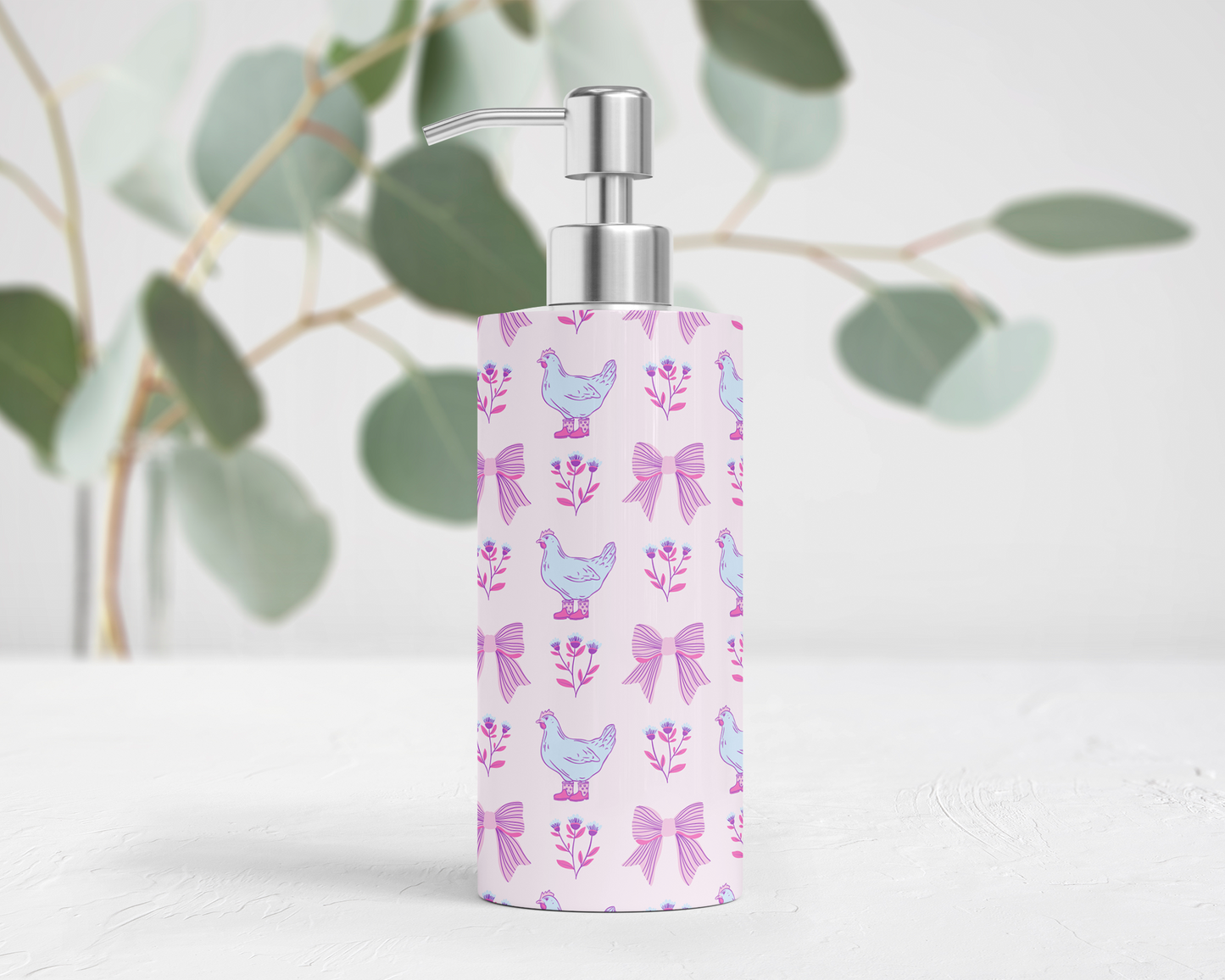Pink Chicken Decor Bathroom Dispenser with Floral Accents, Farmhouse Chickens Lotion Pump with Bows & Floral Design, Unique Gift for Her