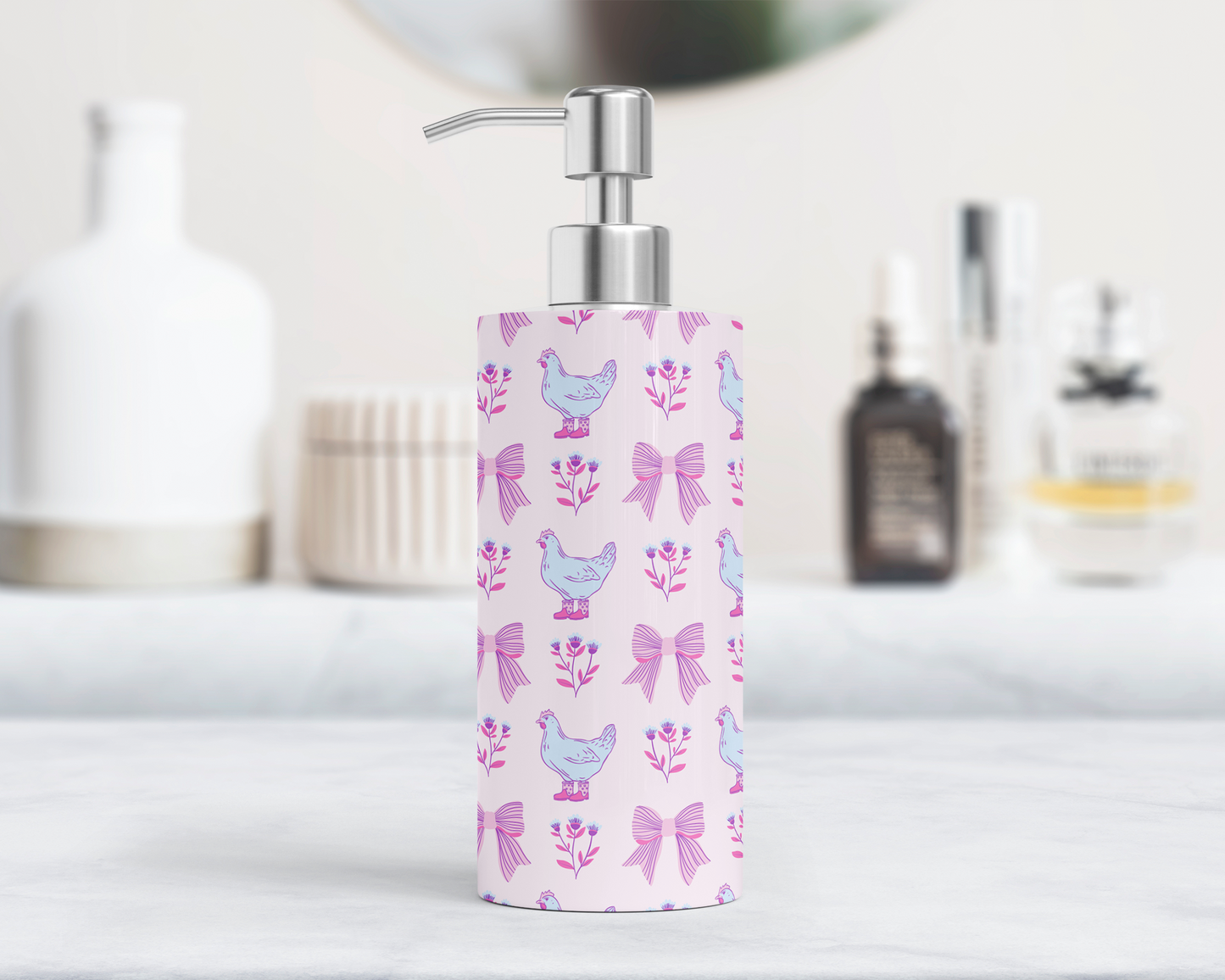 Pink Chicken Decor Bathroom Dispenser with Floral Accents, Farmhouse Chickens Lotion Pump with Bows & Floral Design, Unique Gift for Her