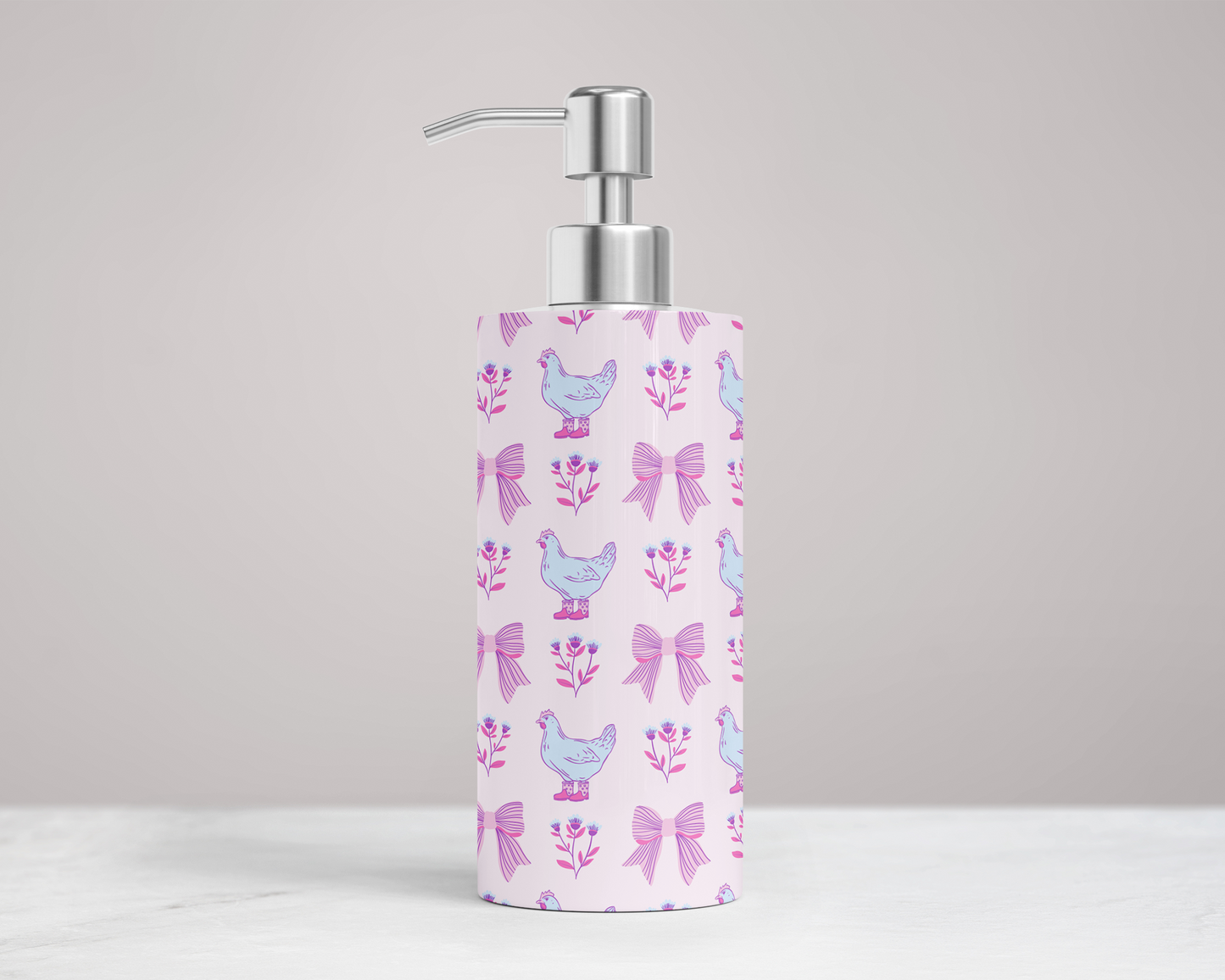 Pink Chicken Decor Bathroom Dispenser with Floral Accents, Farmhouse Chickens Lotion Pump with Bows & Floral Design, Unique Gift for Her