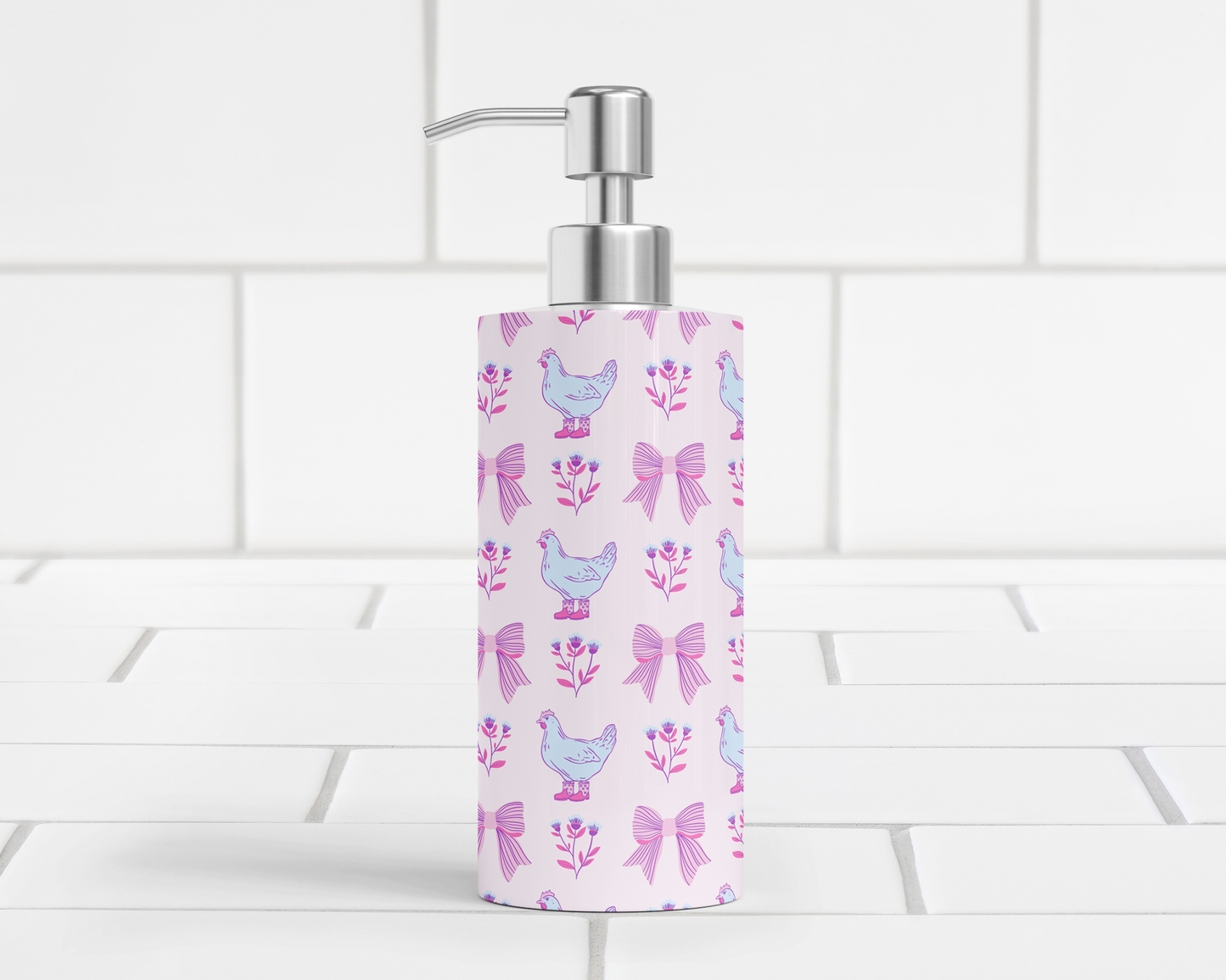 Pink Chicken Decor Bathroom Dispenser with Floral Accents, Farmhouse Chickens Lotion Pump with Bows & Floral Design, Unique Gift for Her