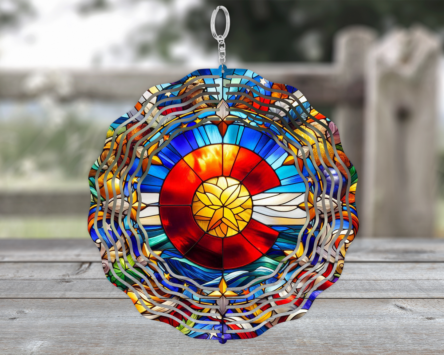 Colorado Logo Wind Spinner with Faux Stained Glass Floral Border