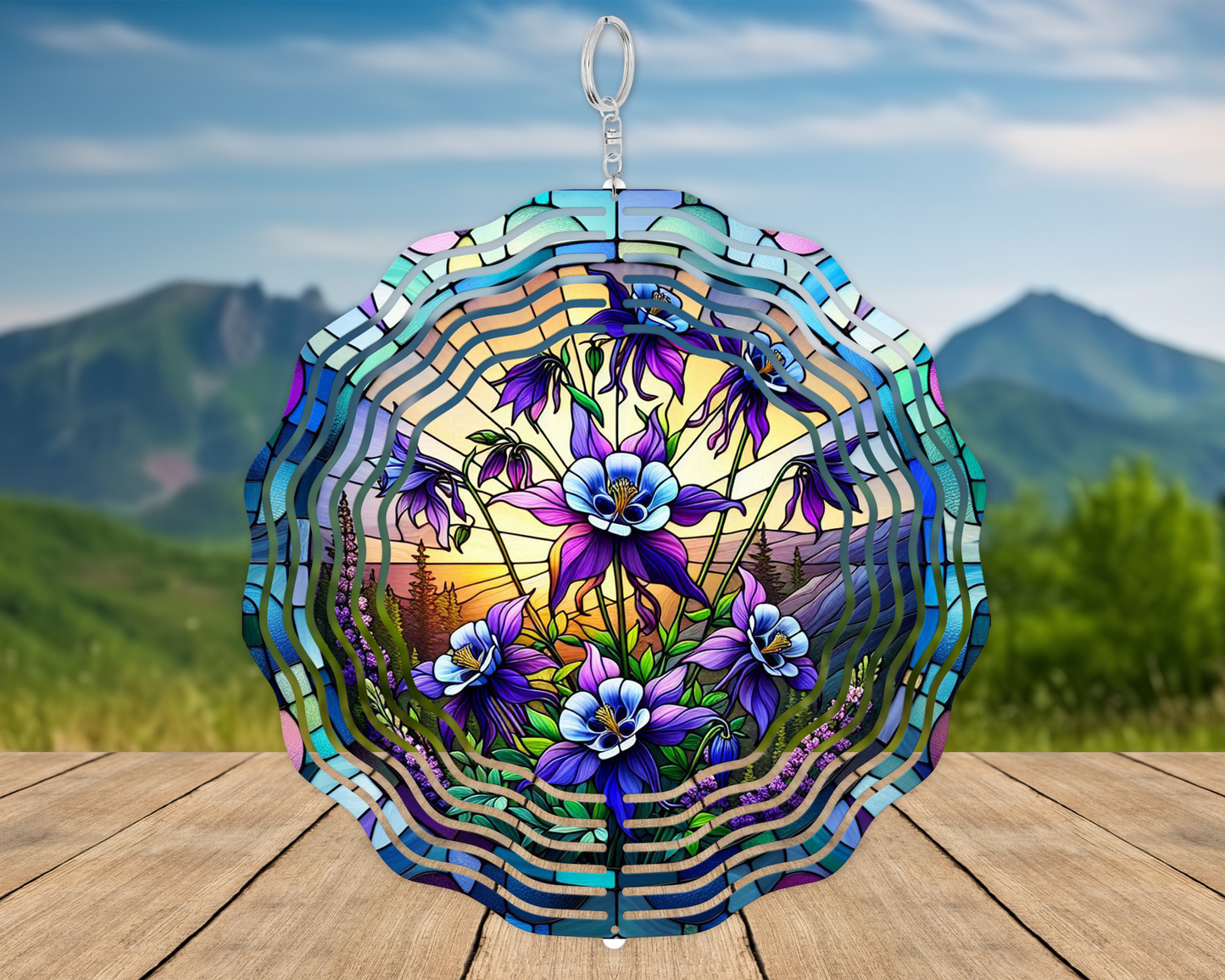Sunset Field Decor - Rocky Mountain Columbine Wind Spinner in Vibrant Faux Stained Glass