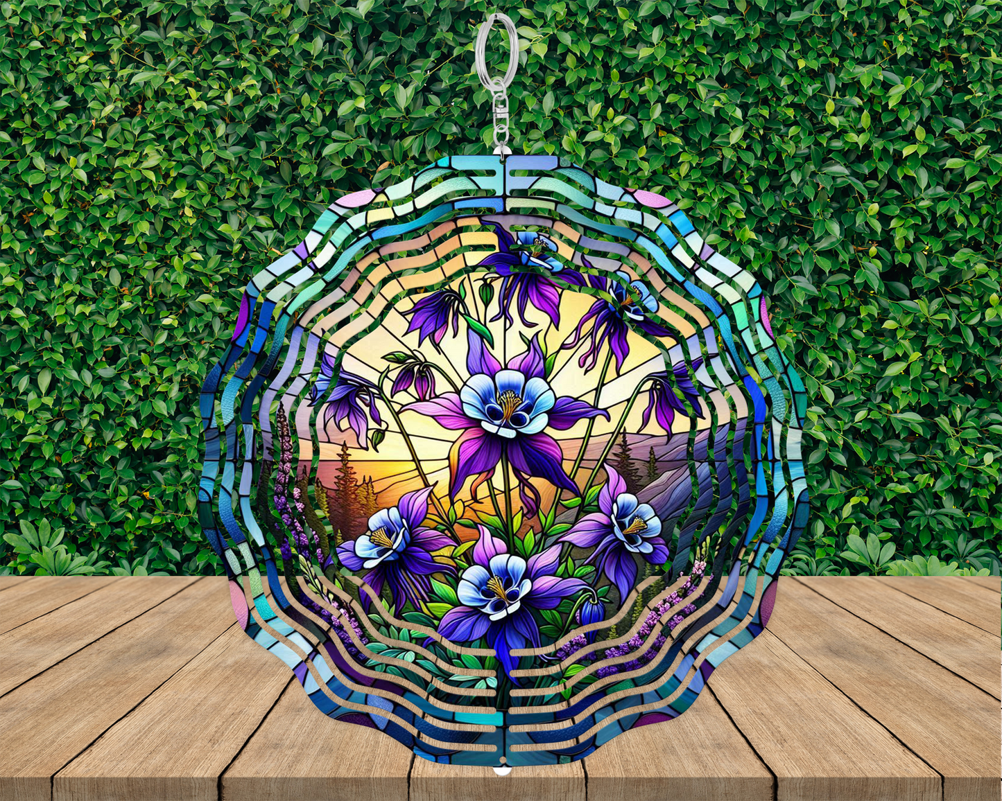 Purple Columbine Garden Art - 3D Wind Spinner with Faux Stained Glass Effect