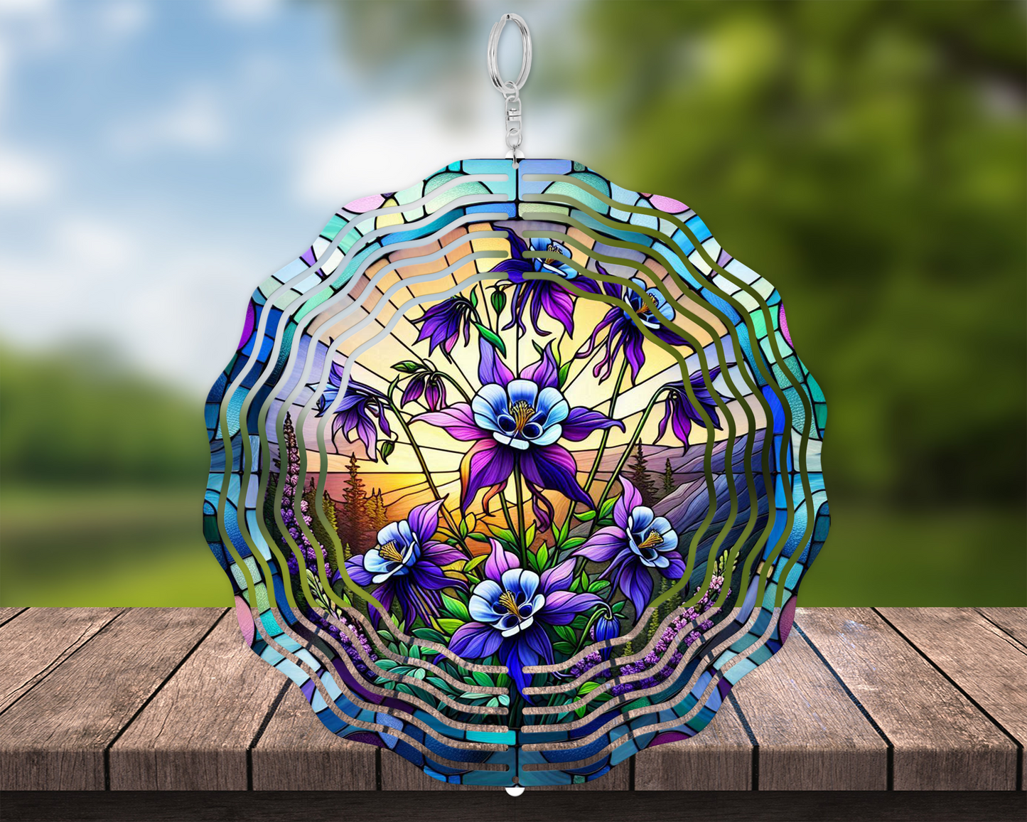 Purple Columbine Garden Art - 3D Wind Spinner with Faux Stained Glass Effect