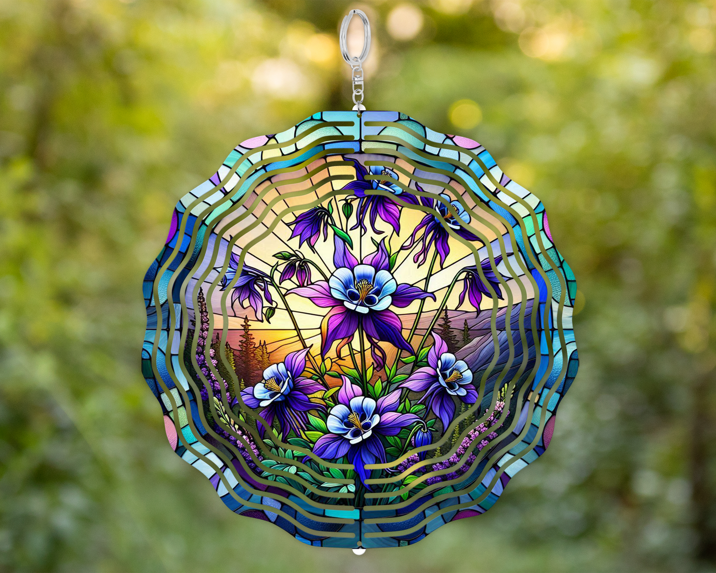 Handcrafted 3D Wind Spinner with Purple Columbines - Faux Stained Glass Art