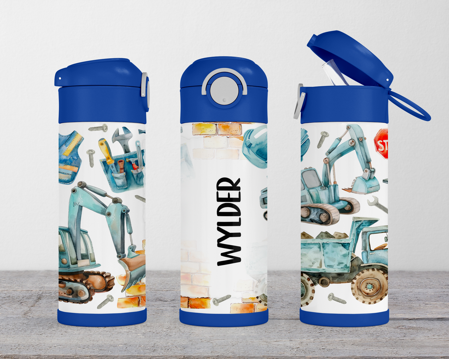 Personalized Construction Vehicles Water Bottle for Kids - Perfect School and Birthday Gift