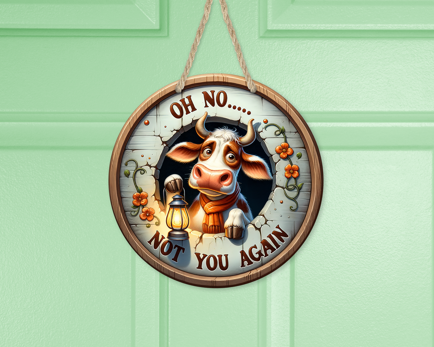 Funny Cow Round Door Sign with Lantern, Oh No Not You Again Quote, Unique Gift for Mom, Quirky Sign, Unique Door Decor, Cow Theme Decor