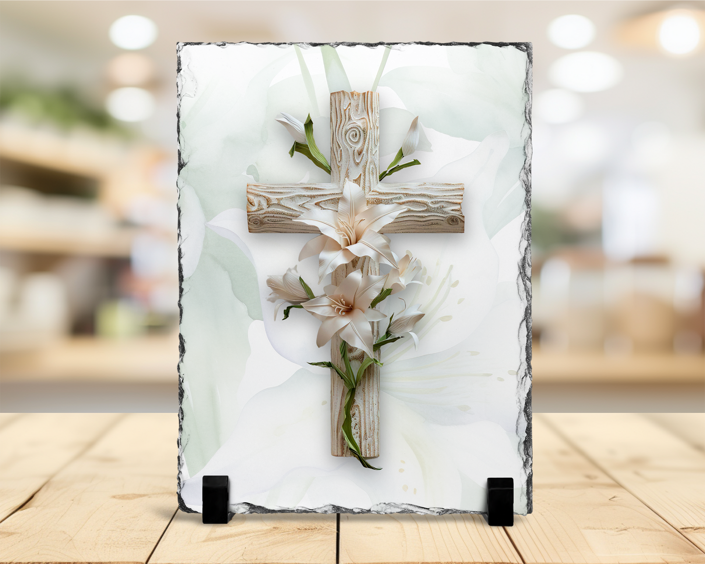 Wooden Cross Slate Plaque with Easter Lily - Religious Home Decor