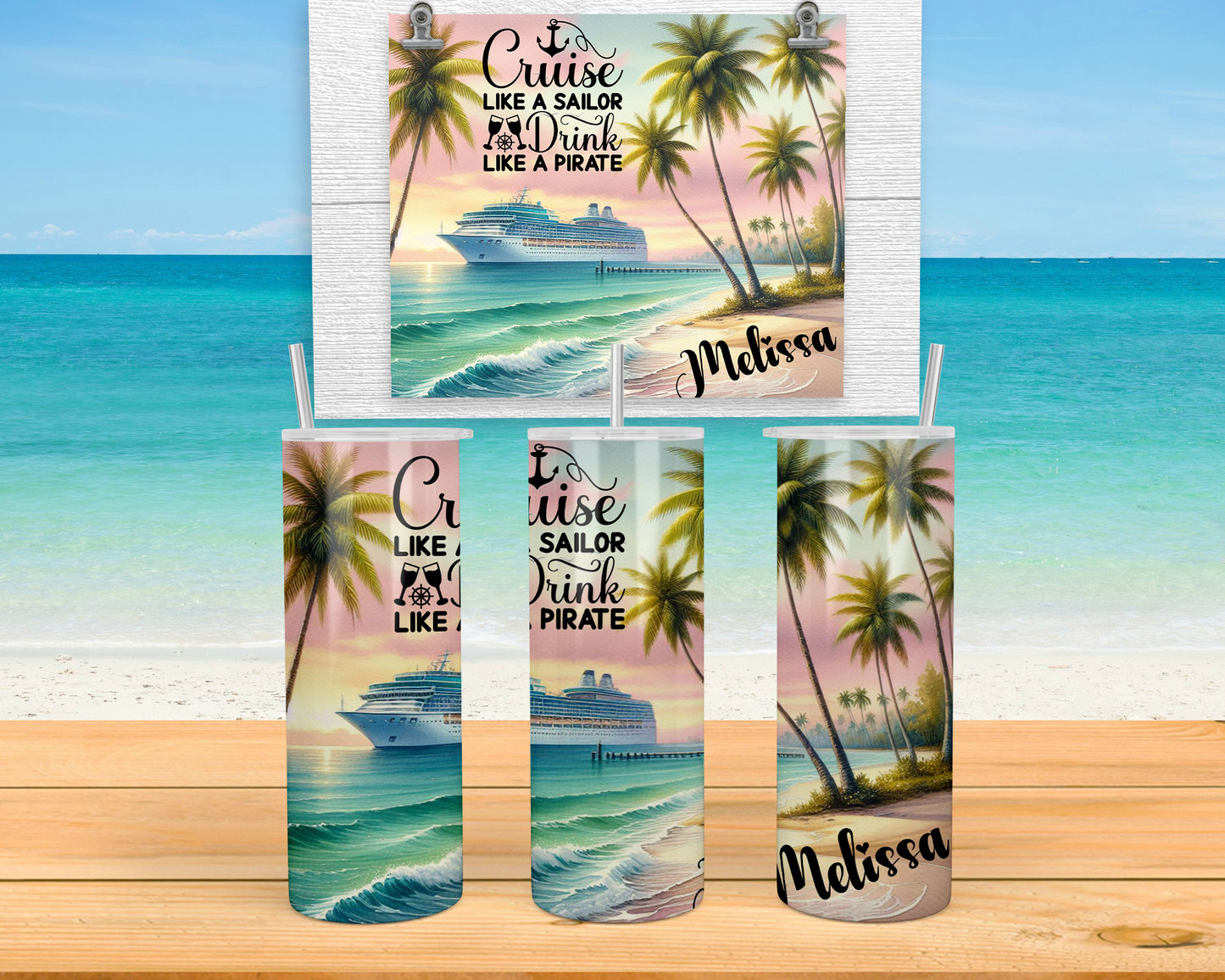 Personalized Beach Vacation Name Tumbler Cup, Custom Girls Trip Skinny Cup, Custom Family Vacation Tumblers with Lid, Personalized Cruise