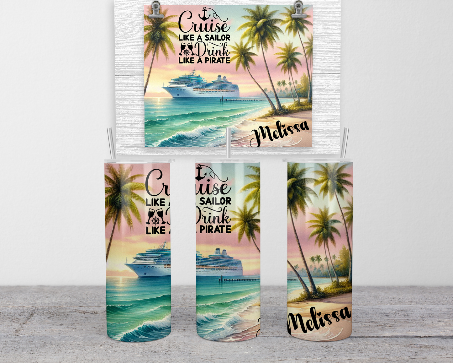Personalized Beach Vacation Name Tumbler Cup, Custom Girls Trip Skinny Cup, Custom Family Vacation Tumblers with Lid, Personalized Cruise