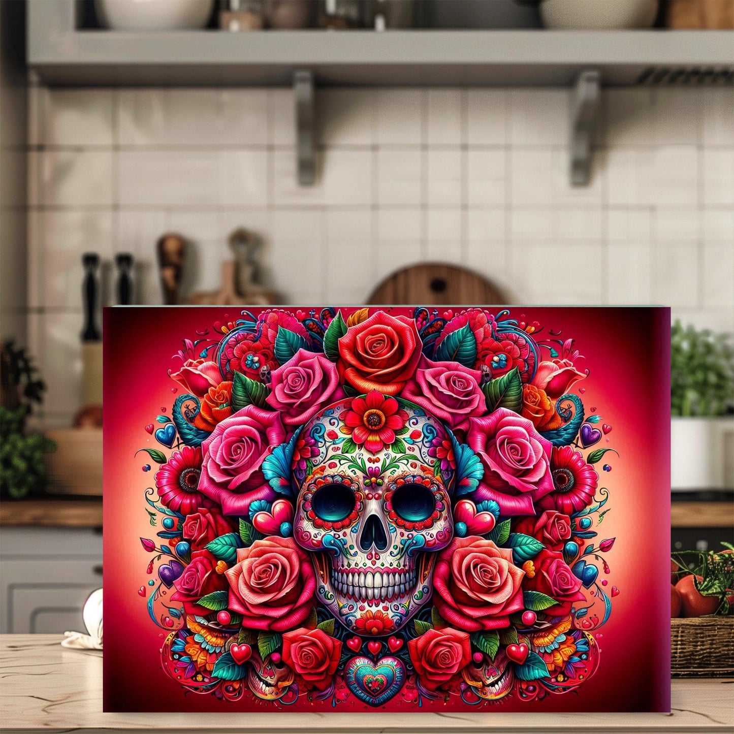 Tempered Glass Cutting Board with Day of the Dead Skull Design - Ideal for Meal Prep
