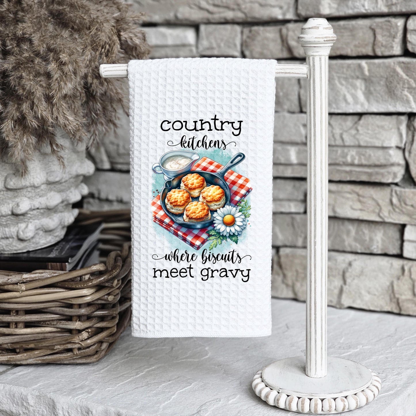 Country Kitchen Waffle Weave Towel, Charming Rustic Farmhouse Towel, Unique Hostess Gift, Cute Towel for Mom, Farmhouse Charm, Biscuit Theme