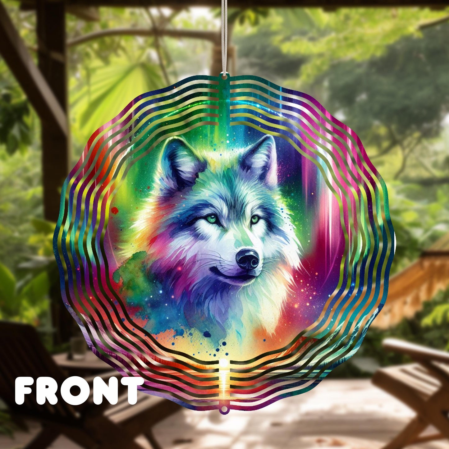 Wolf Sunset Wind Spinner - Double-Sided 10x10 Watercolor Art with Northern Lights and Mountain Lake Design