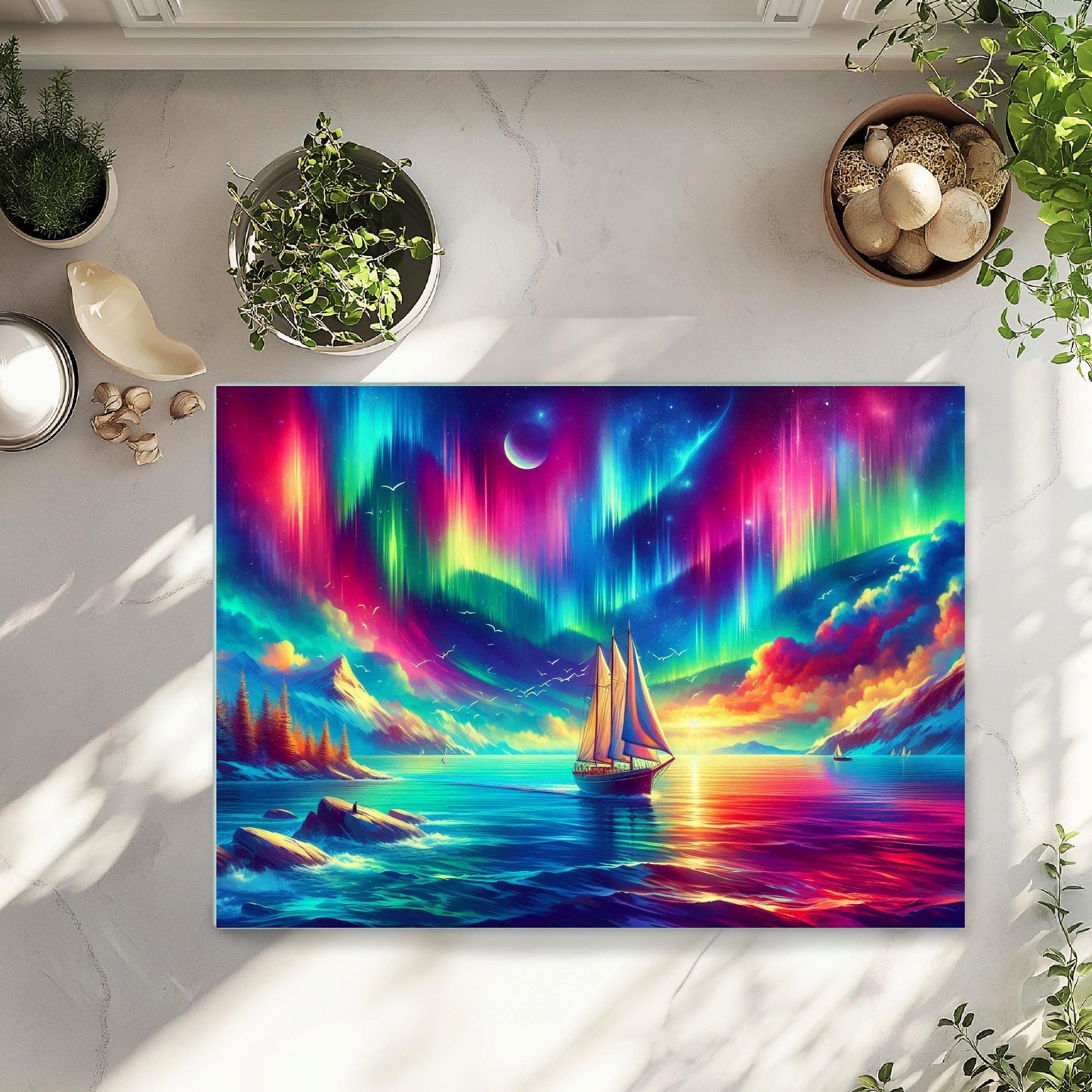 Nautical Sailboat Glass Cutting Board - Northern Lights Inspired Kitchen Decor