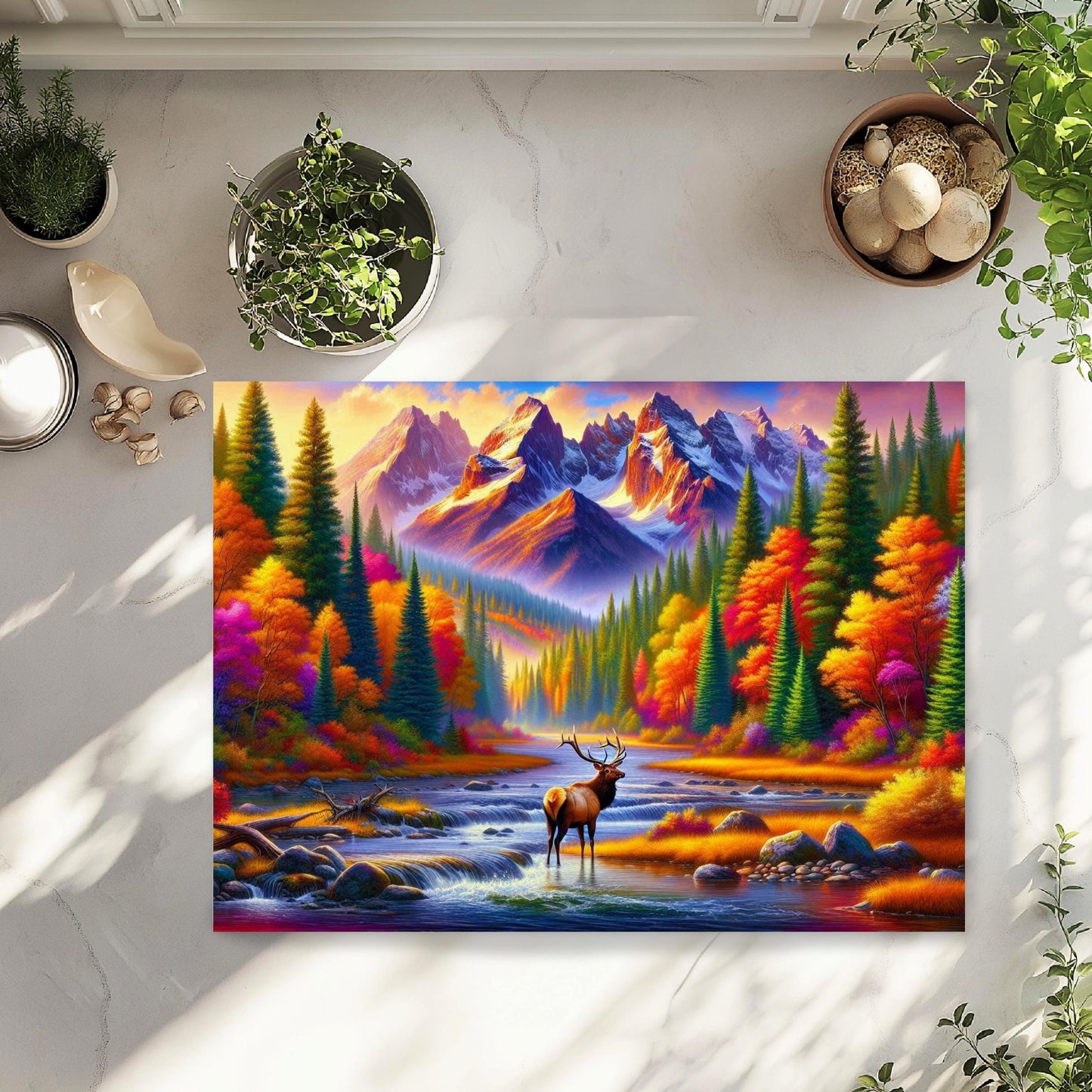 Glass Cutting Board with Elk in Mountain River Design - Fall Wildlife Kitchen Decor