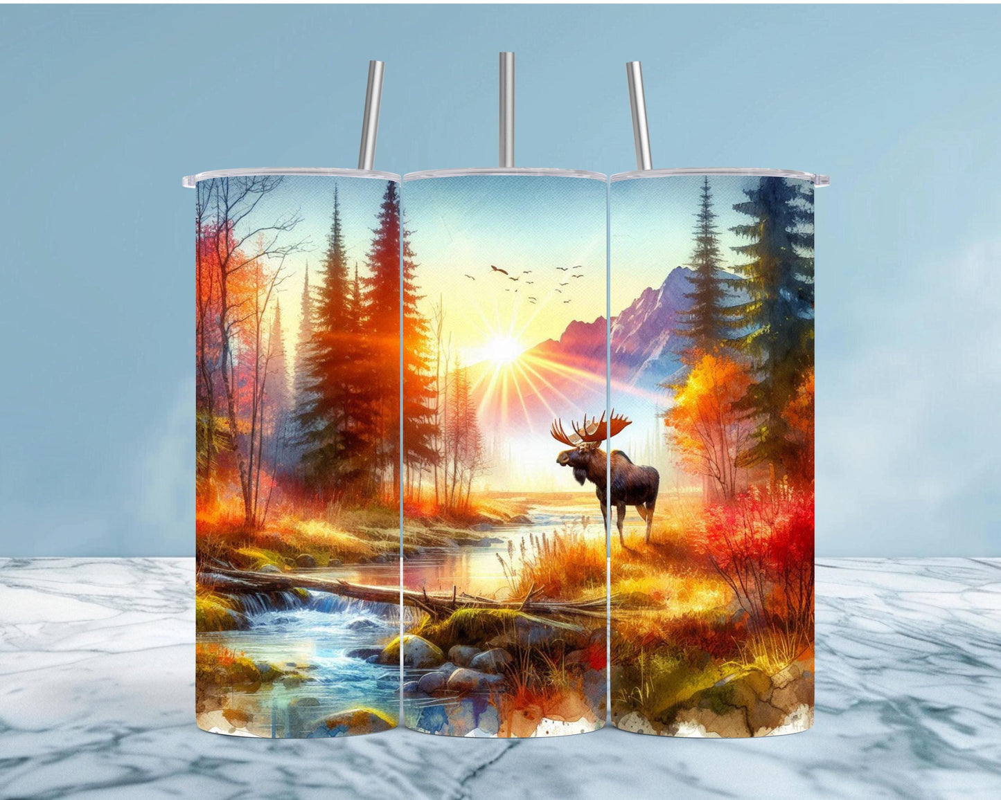 Moose Tumbler - Rustic Autumn Travel Cup with Mountain Sunset Scene for Nature Lovers