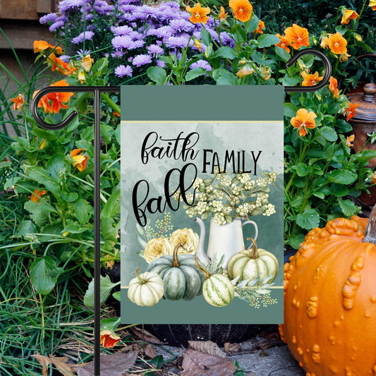 Teal Blue Fall Garden Flag with Faith Family Quote - Double-Sided 12x18 Inch Decor