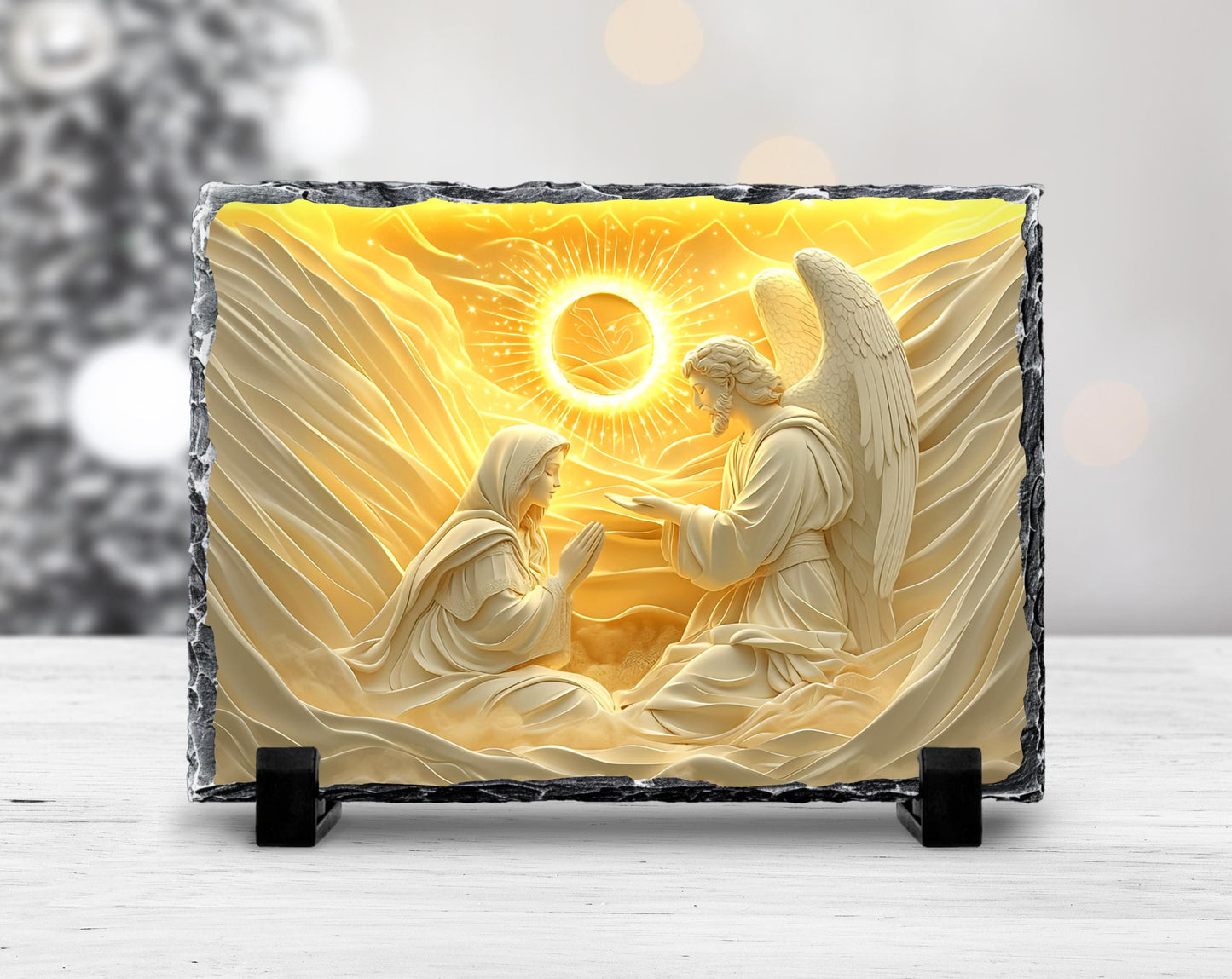3D Mary with Angel Slate Plaque - Gold Sun Design Fractured Edges