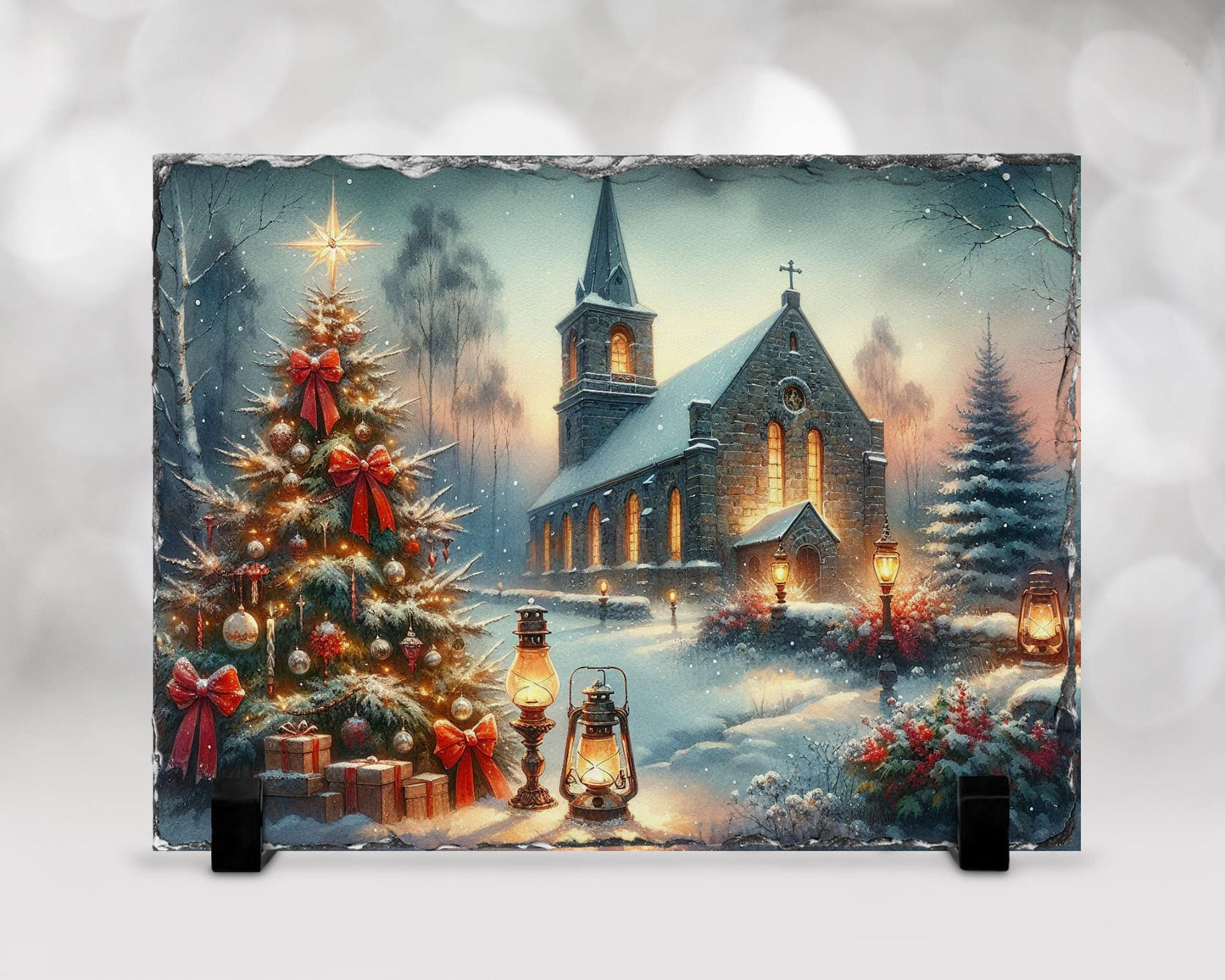 Vintage Winter Church Slate, Christmas Scene with Trees, Gifts & Oil Lamps