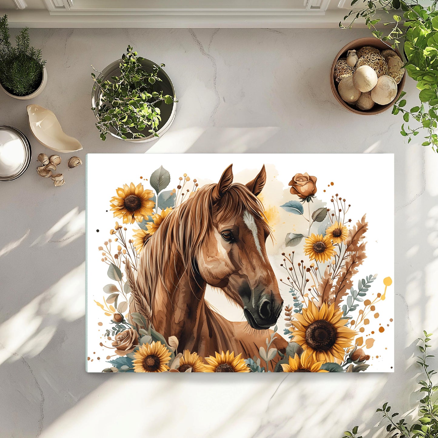 Horse and Sunflower Tempered Glass Cutting Board - Perfect Gift for Horse Lovers 11x15 Farmhouse Kitchen Decor