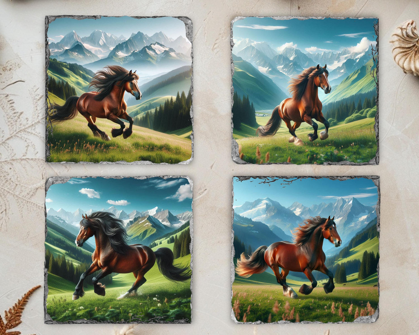 Horse Slate Coaster Set with Rack - Rustic Mountain Valley Art for Equestrian Farmhouse Decor