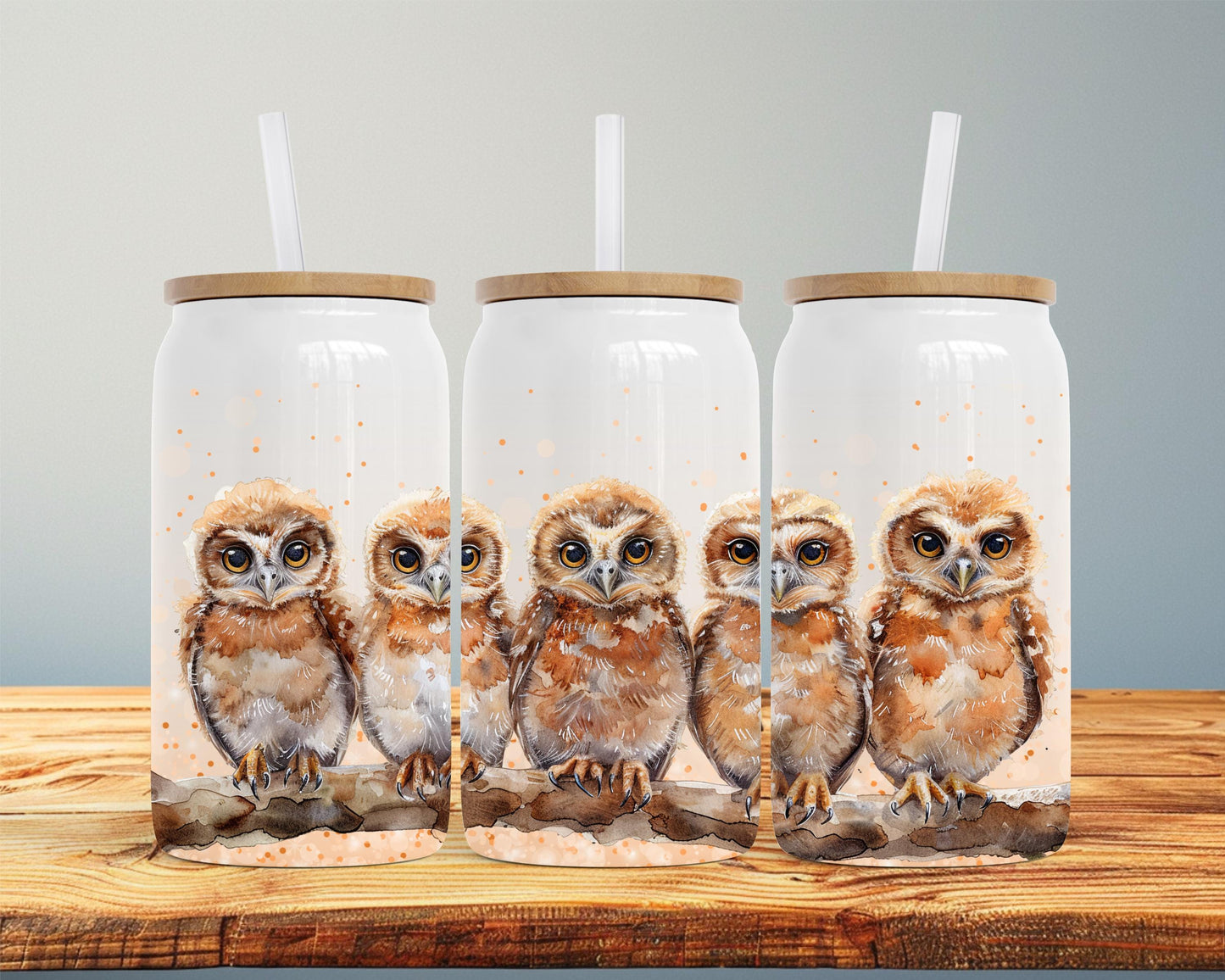 Eco-Friendly 16oz Stainless Steel Can with Bamboo Lid, Five Owls Watercolor Art