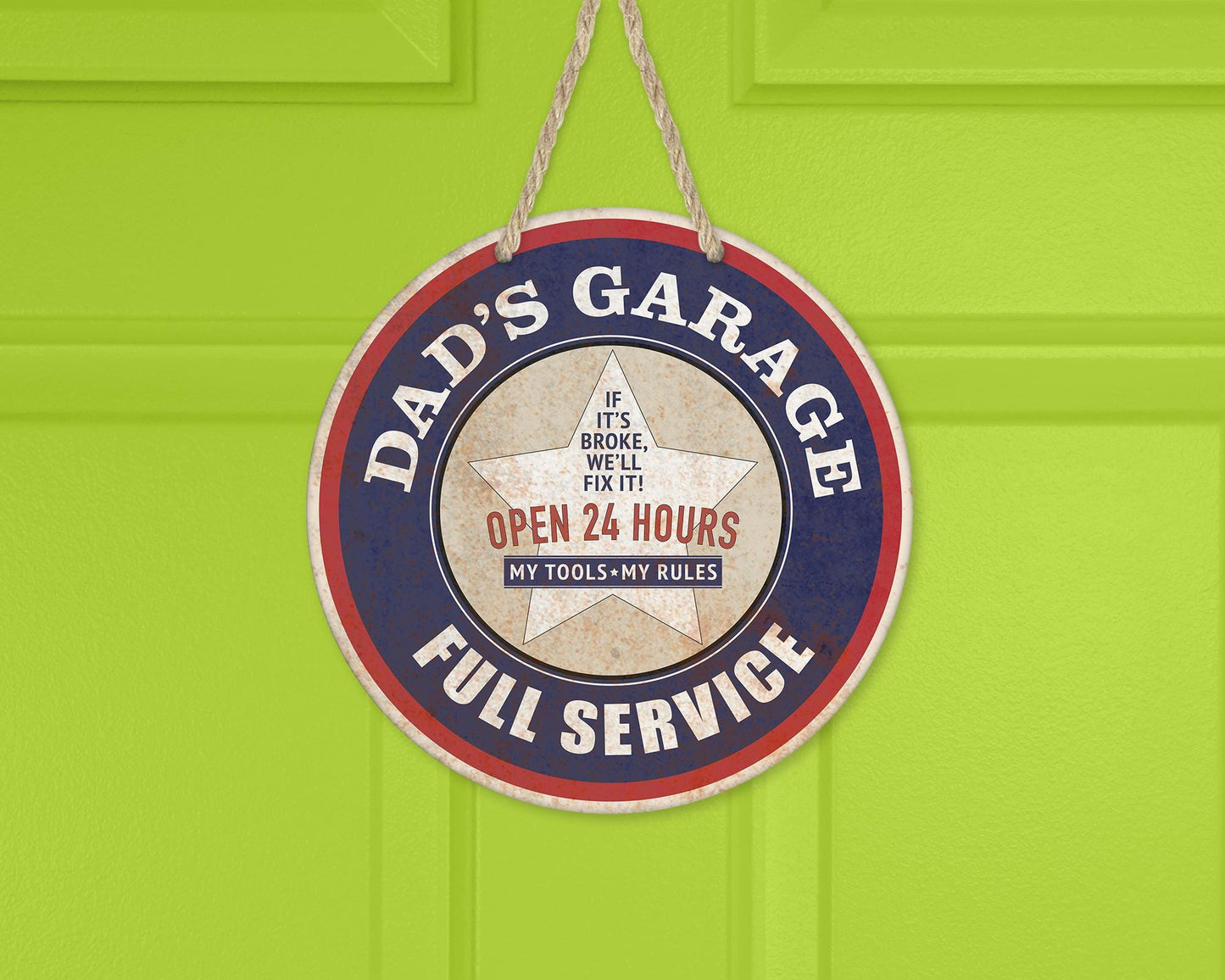 Aluminum Round Door Wreath 10x10 - Dads Garage My Tools My Rules - Unique Fathers Day Gift Garage Decor