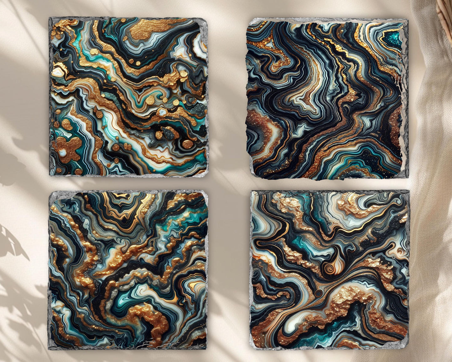 Black and Gold Agate Coaster Set with Faux Glitter - Elegant Hostess Gift and Holiday Present