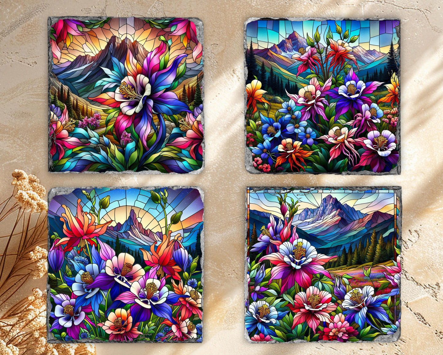 Rocky Mountain Columbine Slate Coaster Set - Rustic Nature-Inspired Home Decor Gift