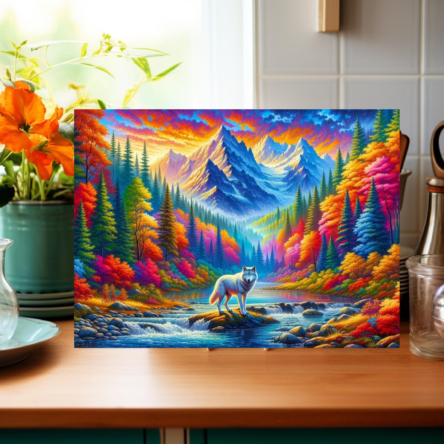 Vibrant Wolf Glass Cutting Board 11x15 Inch Fall Mountains Design - Unique Hostess Gift