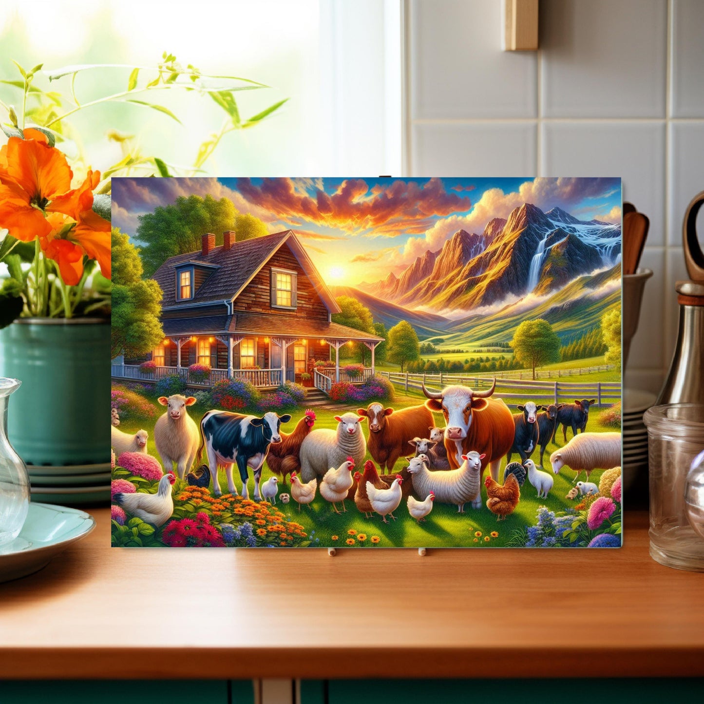 Tempered Glass Cutting Board - Mountain Farm Life Design Rustic Kitchen Art Homestead Gift