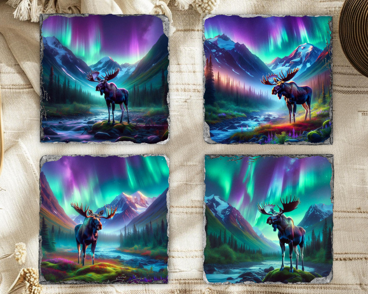 Rustic Slate Coaster Set with Moose Design - Ideal Cabin Gift for Nature Enthusiasts