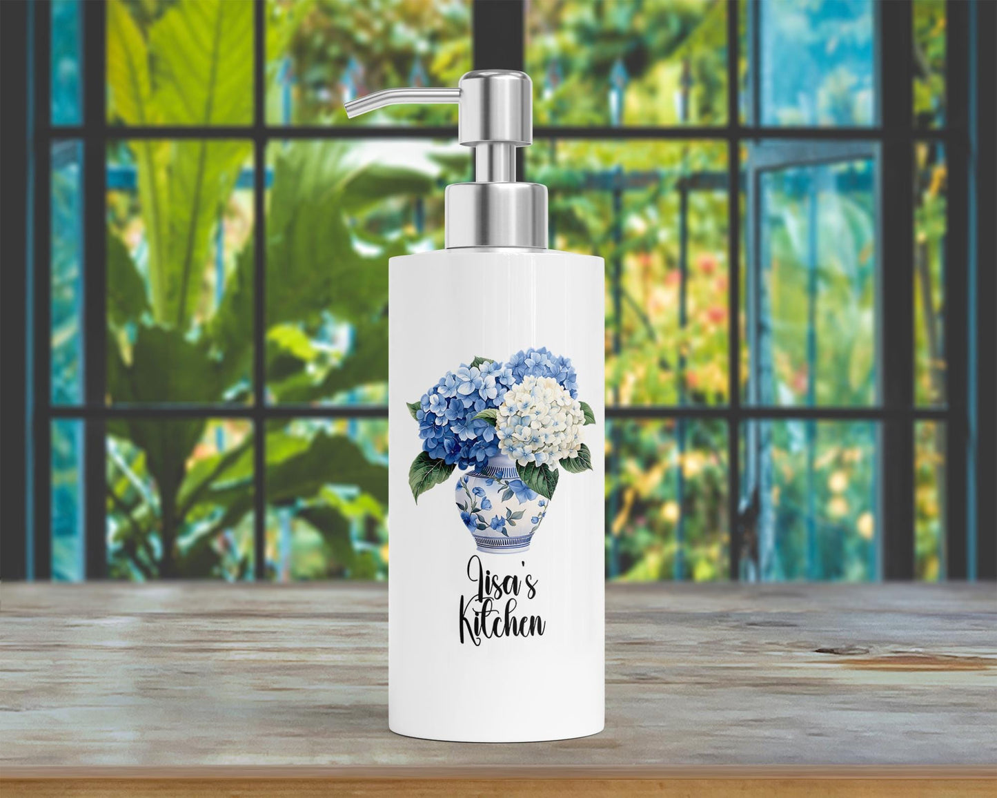 Personalized Hydrangea Soap Dispenser - Custom Chinoiserie Lotion Pump for Kitchen Decor Blue Preppy Gift