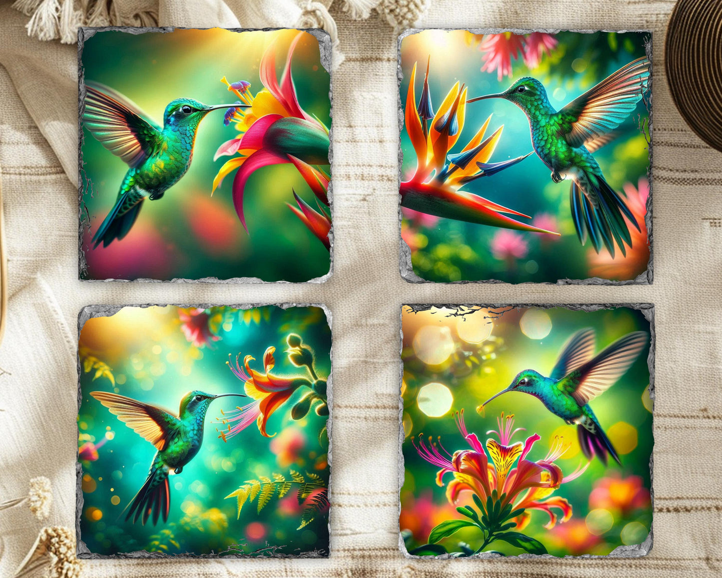 Hummingbird Slate Coaster Set - Colorful Floral Drink Coasters for Nature Enthusiasts