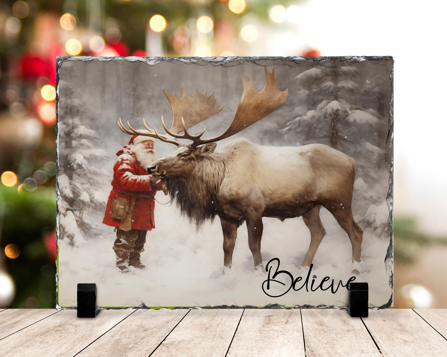 Believe Quote Slate Plaque with Santa Reindeer - Fractured Edge Christmas Decor