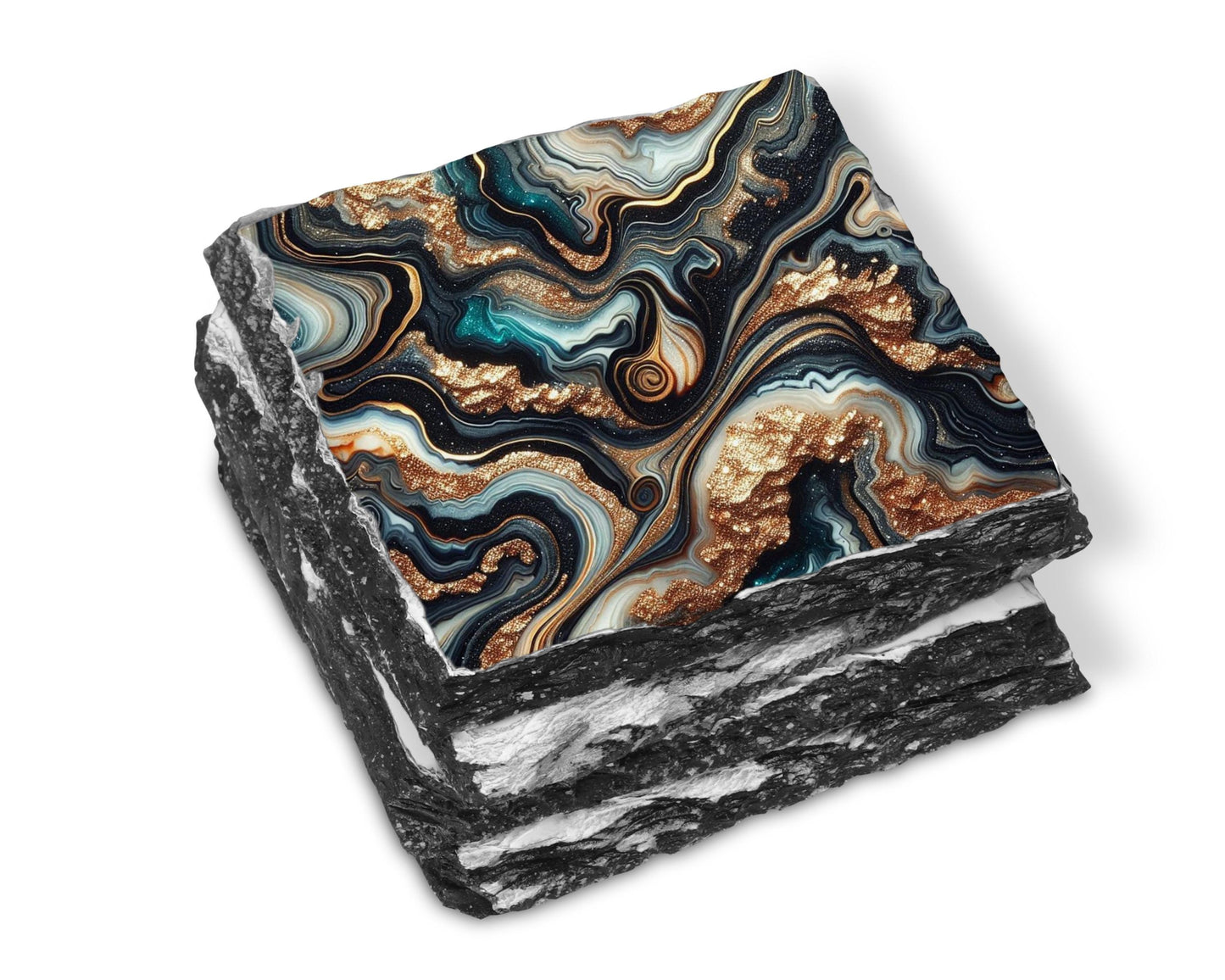 Black and Gold Agate Coaster Set with Faux Glitter - Elegant Hostess Gift and Holiday Present