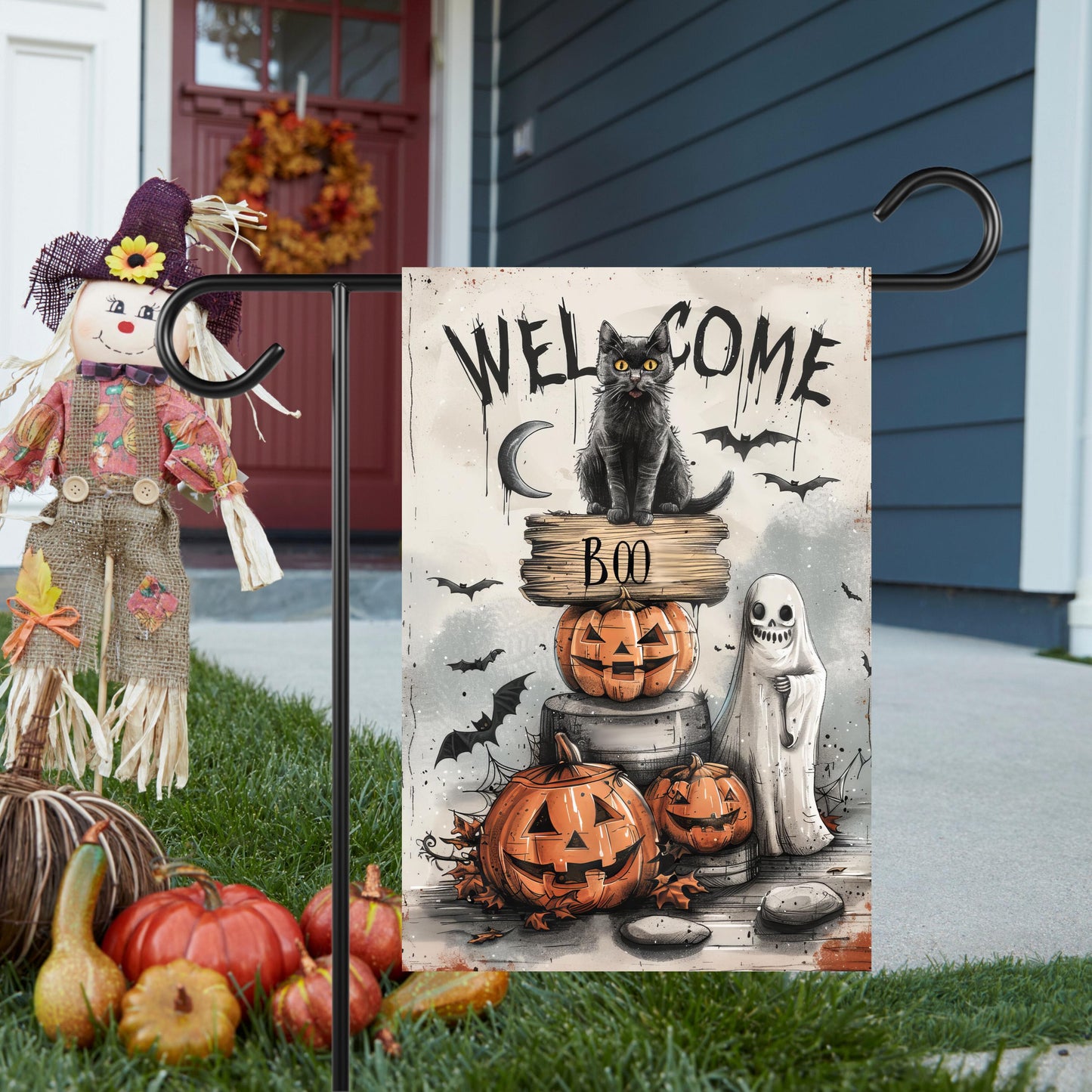 Spooky Halloween Garden Flag - Black Cat Ghosts Bats Design 12x18 Inch Outdoor Decor